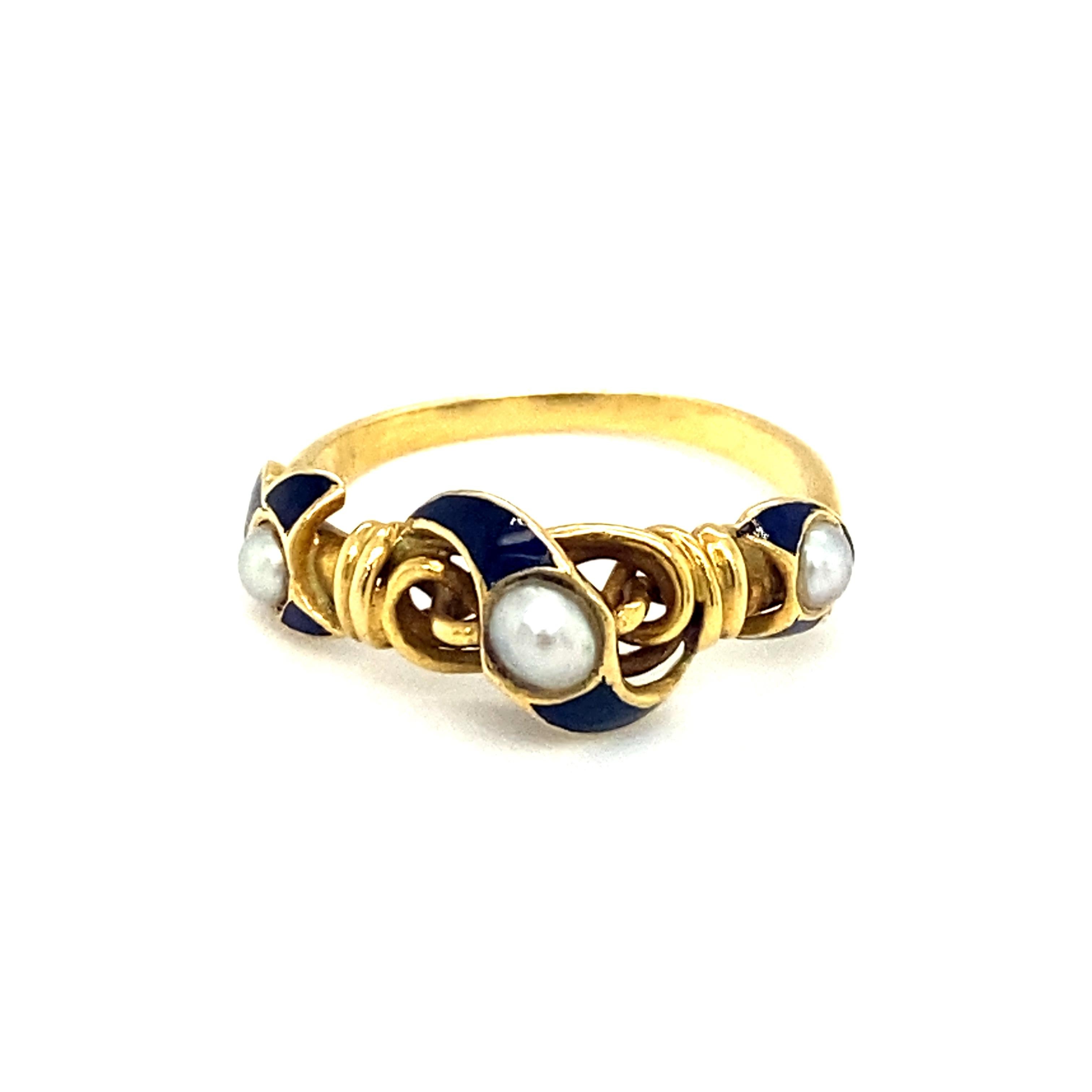 Circa 1890s Victorian Blue Enamel Pearl Ring in 18 Karat Yellow Gold In Excellent Condition For Sale In Atlanta, GA