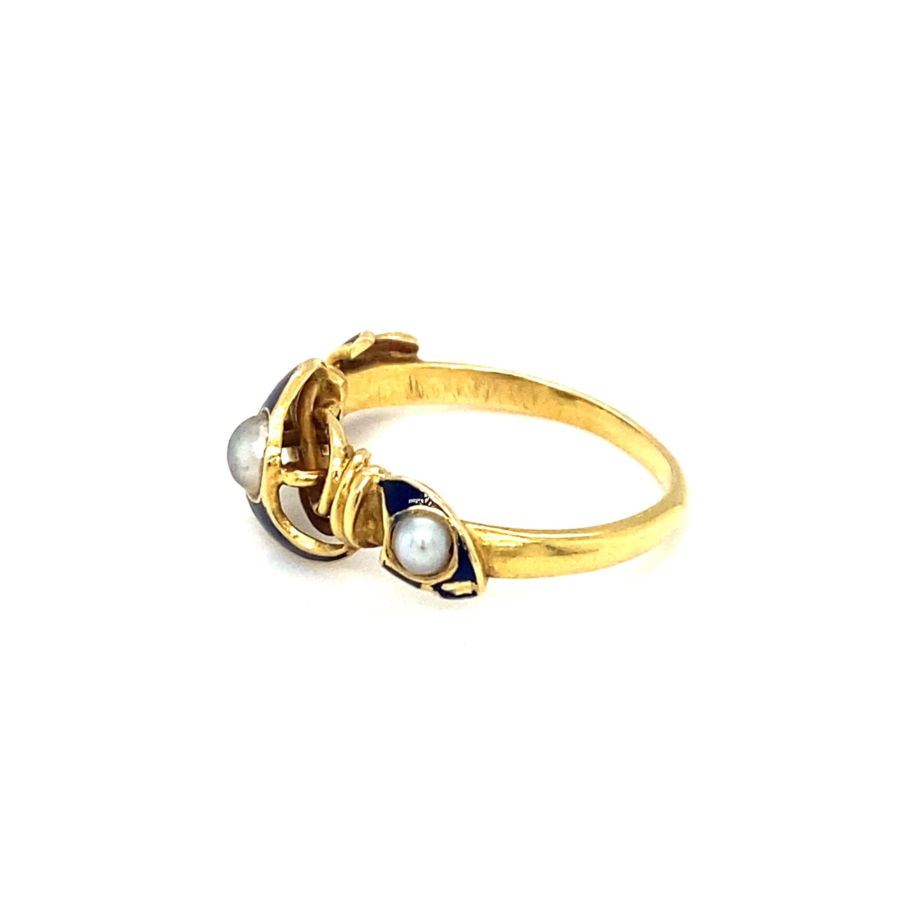 Women's or Men's Circa 1890s Victorian Blue Enamel Pearl Ring in 18 Karat Yellow Gold For Sale