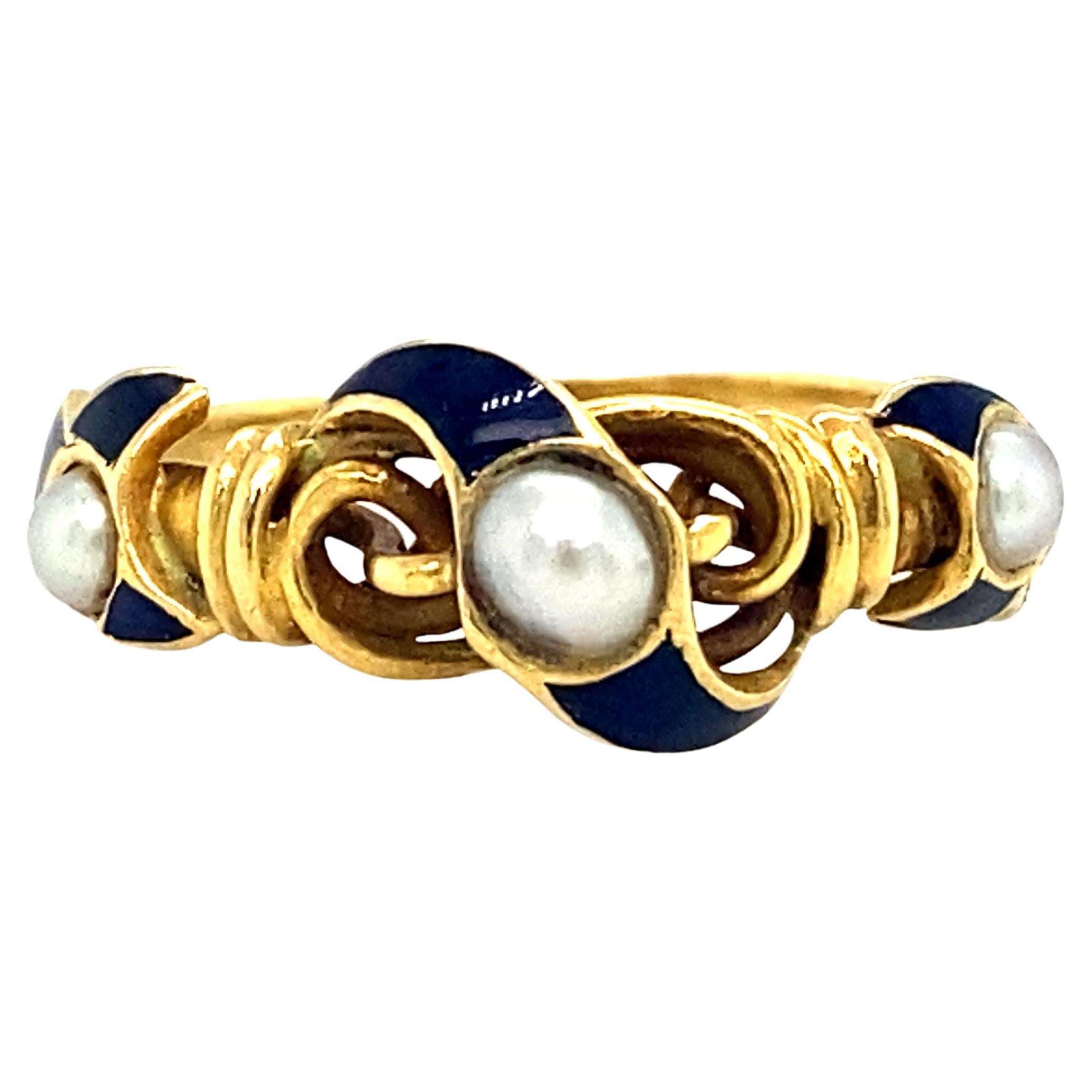 Circa 1890s Victorian Blue Enamel Pearl Ring in 18 Karat Yellow Gold For Sale