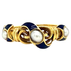 Circa 1890s Victorian Blue Enamel Pearl Ring in 18 Karat Yellow Gold