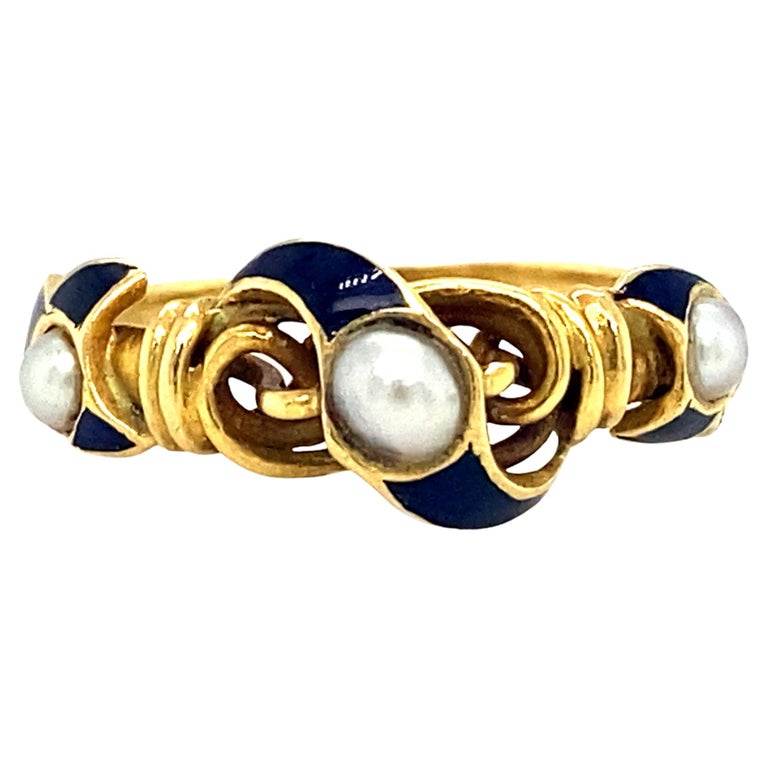 Circa 1890s Victorian Blue Enamel Pearl Ring in 18 Karat Yellow Gold ...