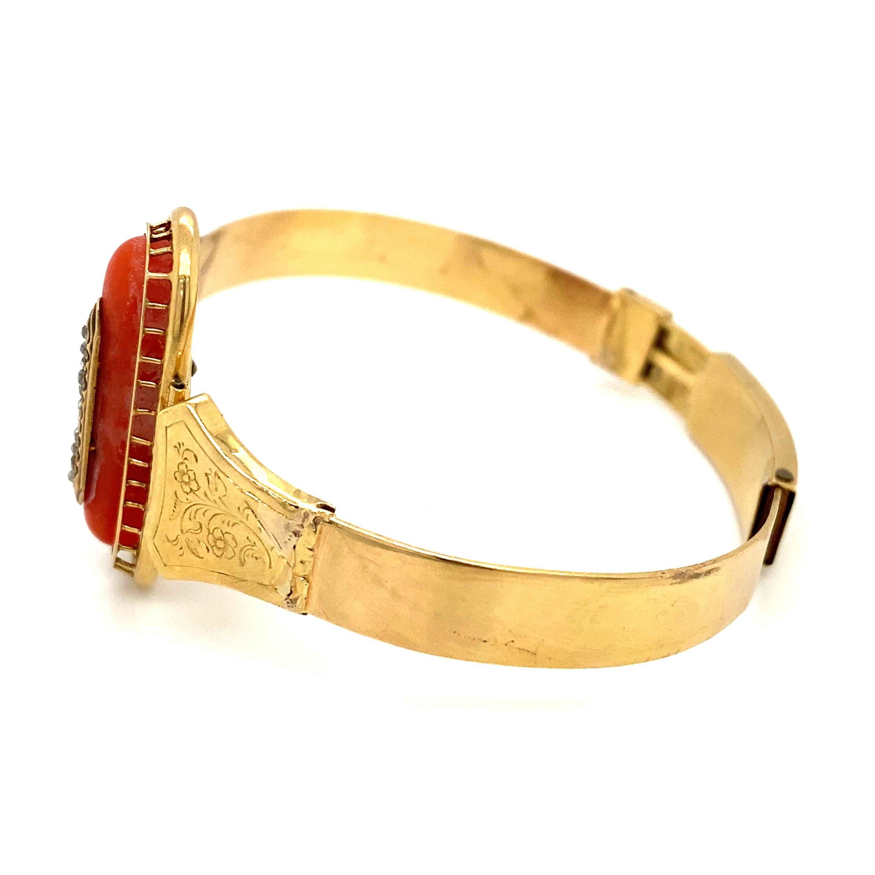 Old Mine Cut Circa 1890s Victorian Coral and Diamond Bracelet in 14 Karat Gold For Sale