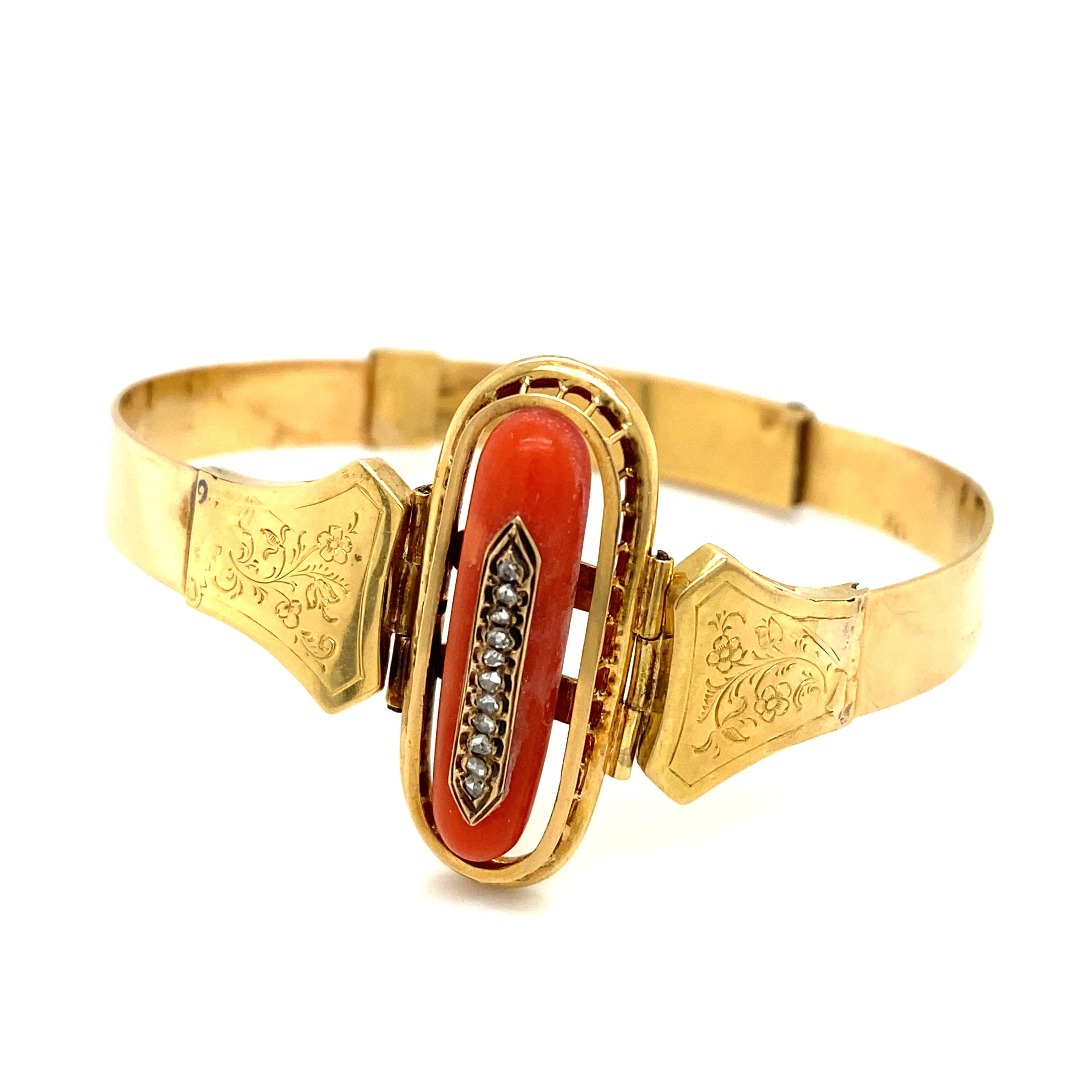 Circa 1890s Victorian Coral and Diamond Bracelet in 14 Karat Gold In Excellent Condition For Sale In Atlanta, GA