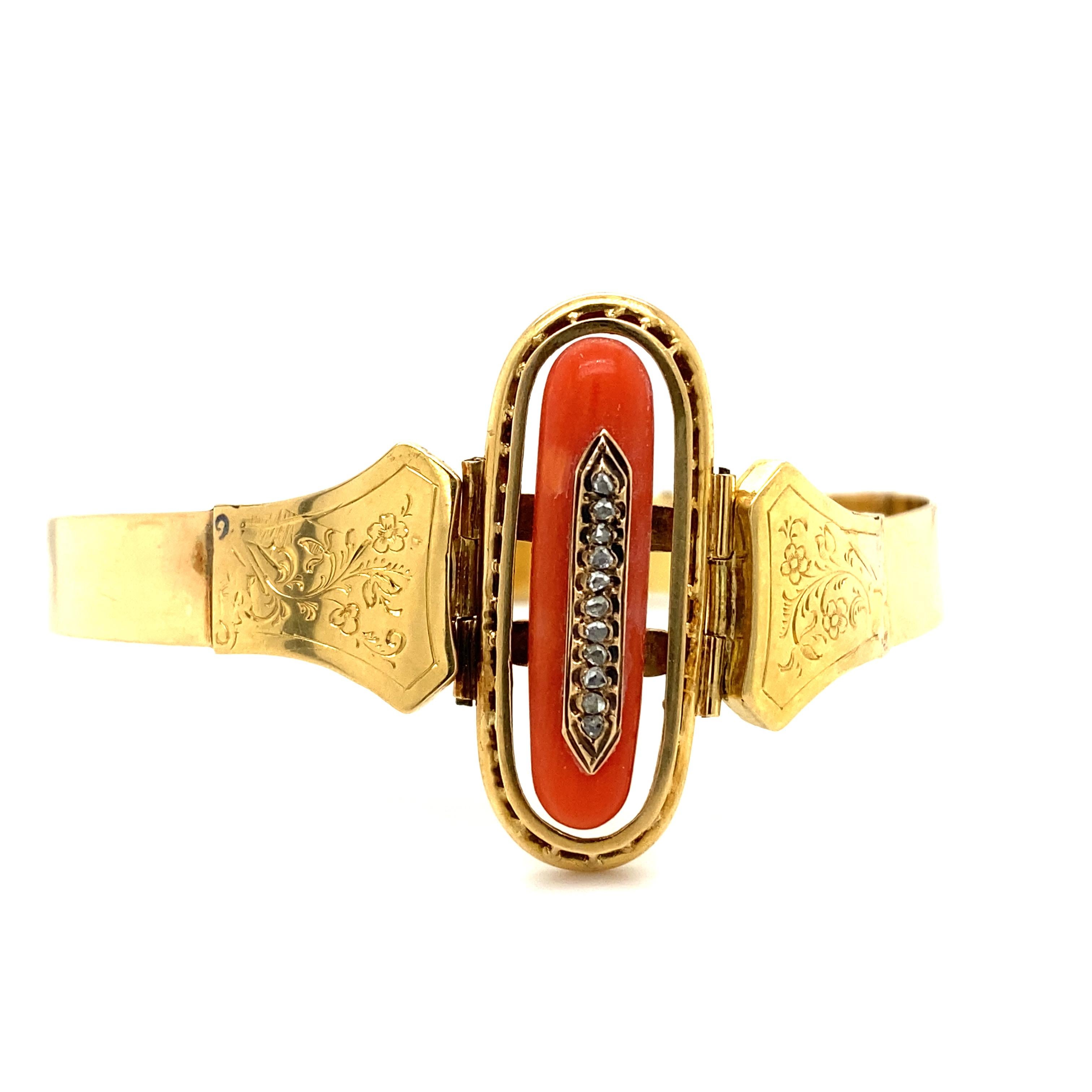 Women's or Men's Circa 1890s Victorian Coral and Diamond Bracelet in 14 Karat Gold For Sale