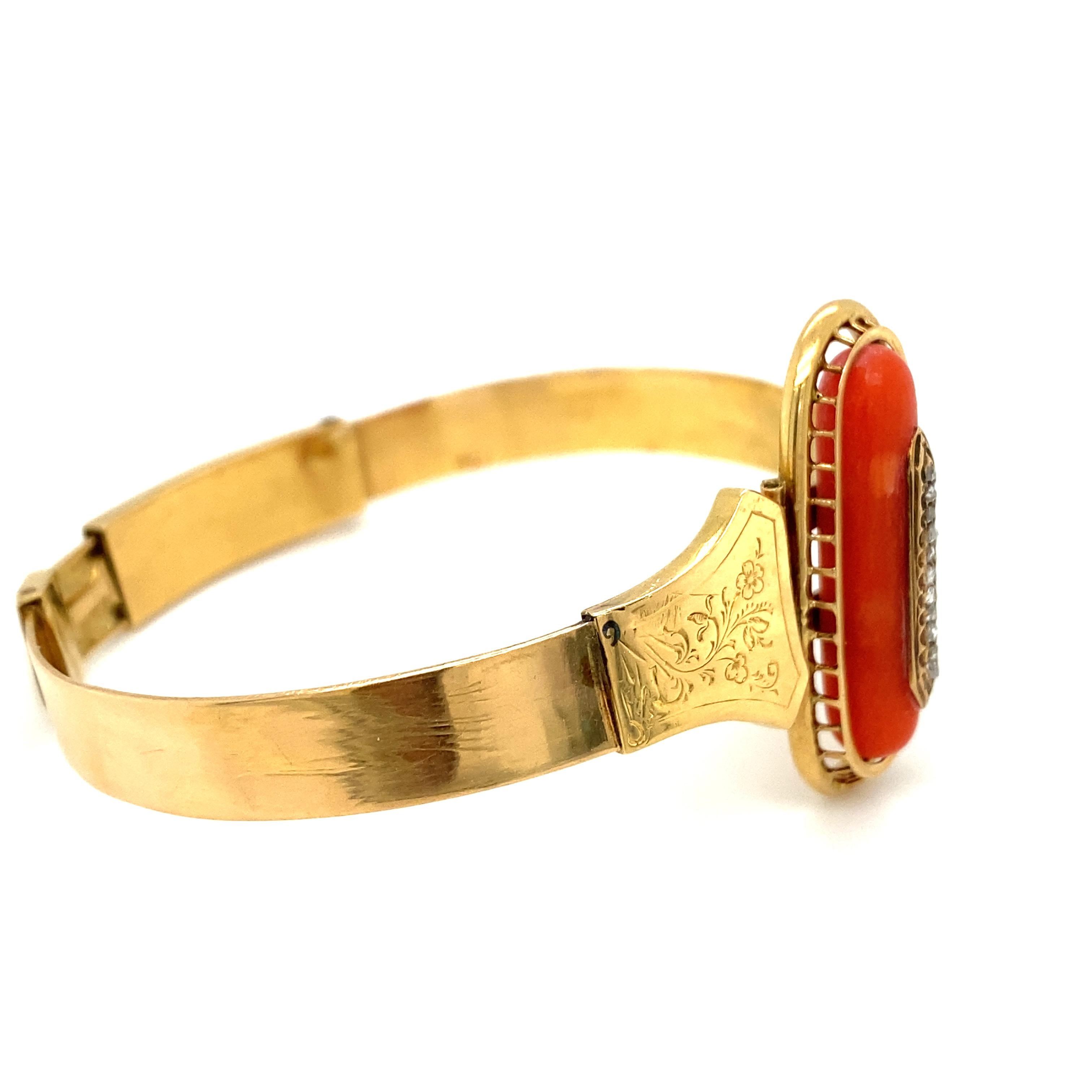 Circa 1890s Victorian Coral and Diamond Bracelet in 14 Karat Gold For Sale 1