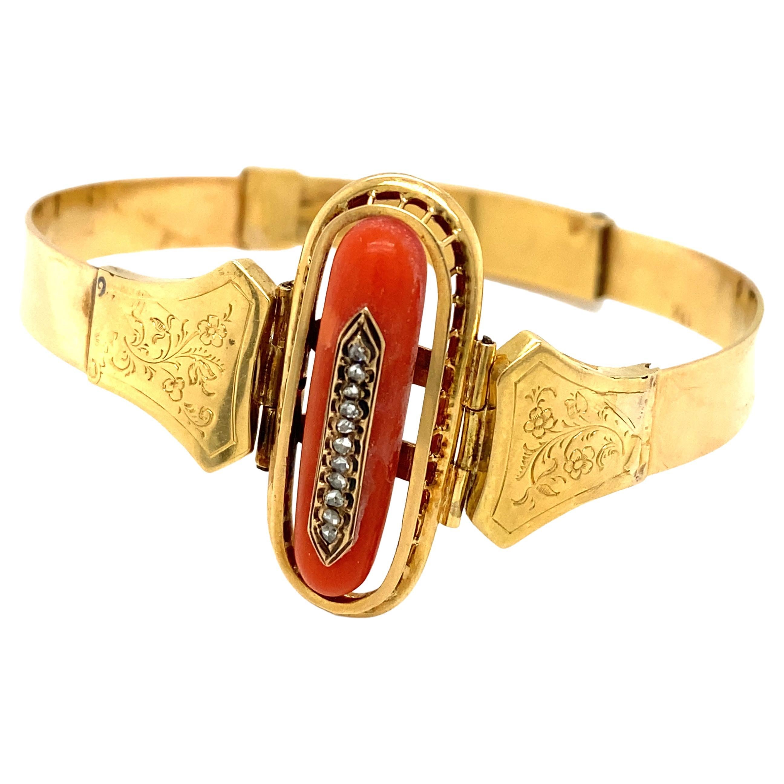 Circa 1890s Victorian Coral and Diamond Bracelet in 14 Karat Gold For Sale