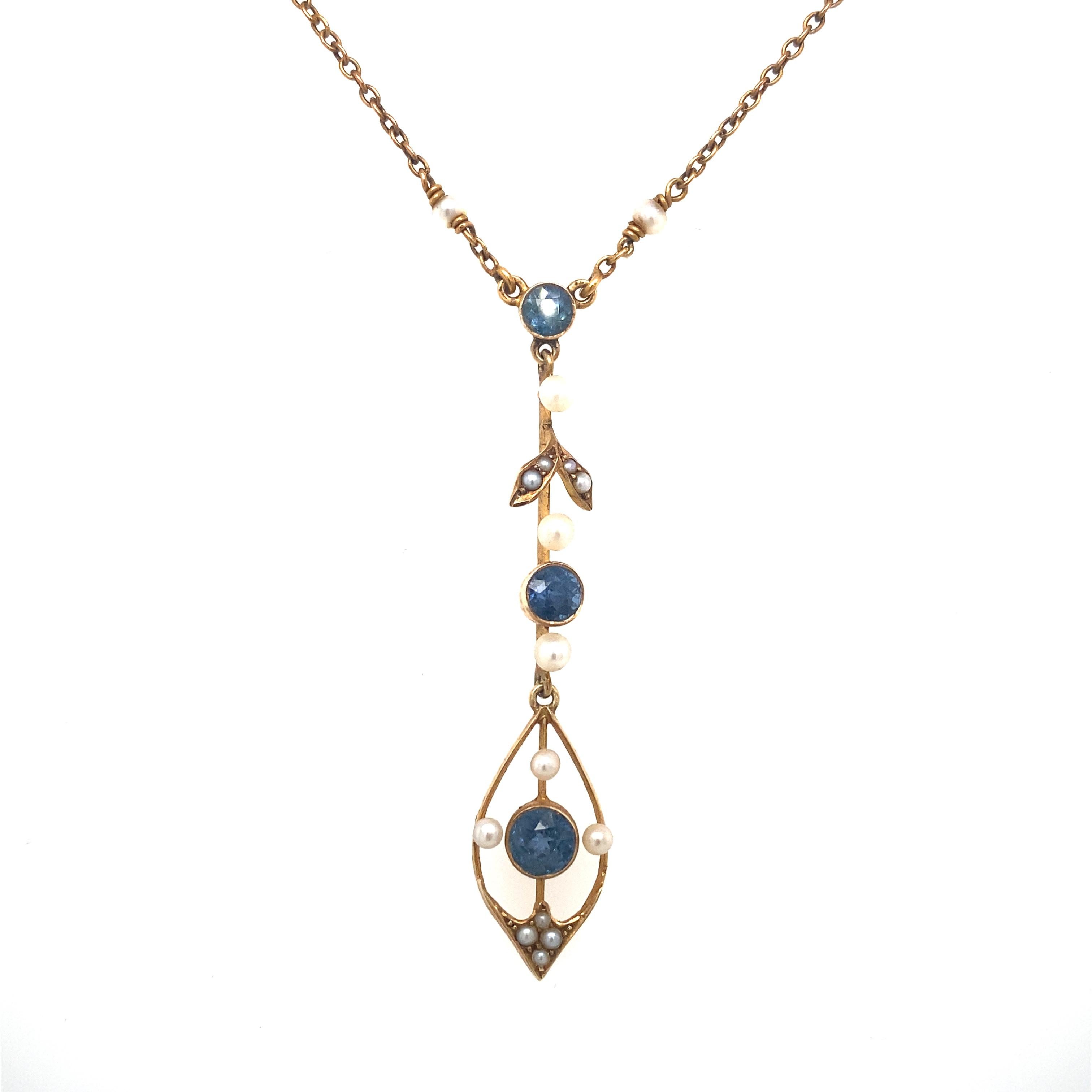 Item Details: This beautiful necklace features natural pearls and silky blue sapphires. All the stones are in great shape. This piece originates from England.

Circa: 1890s
Metal Type: 14 Karat Yellow gold
Weight: 3.3 grams
Size: 15 inch