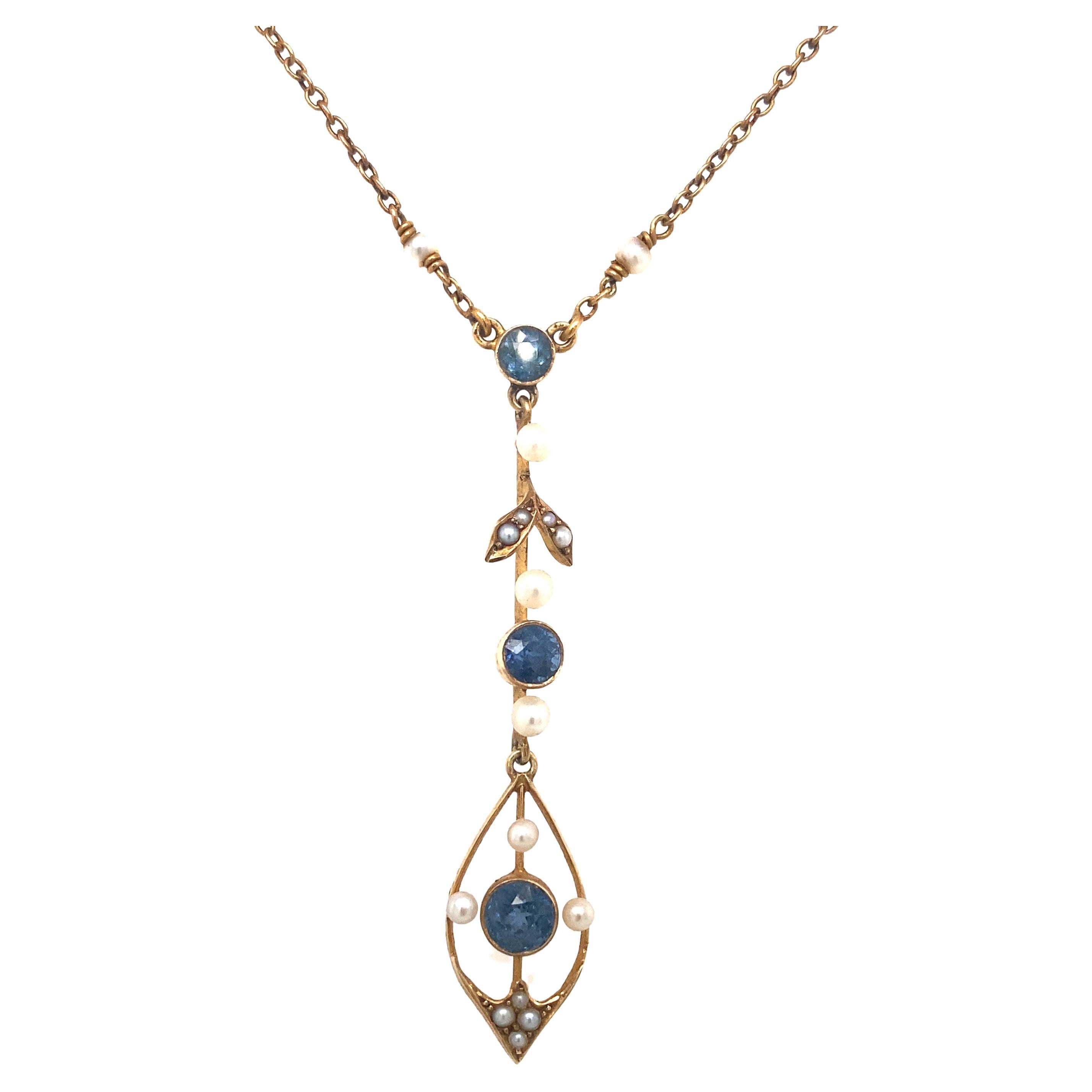 Circa 1890s Victorian Pearl and Sapphire Lavalier Necklace in 14 Karat Gold