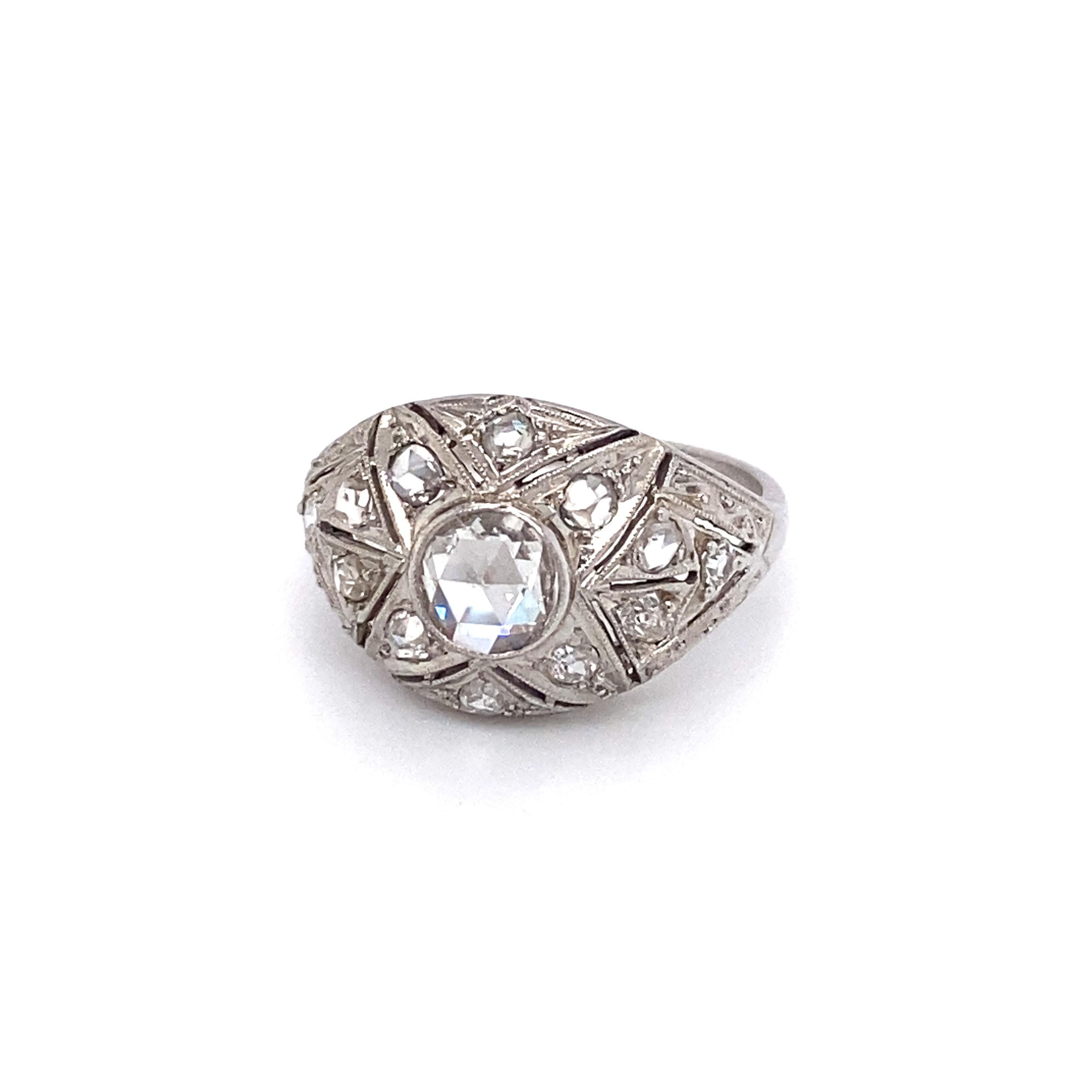 Art Deco Circa 1890s Victorian Rose Cut Diamond Ring in Platinum and 14K White Gold For Sale