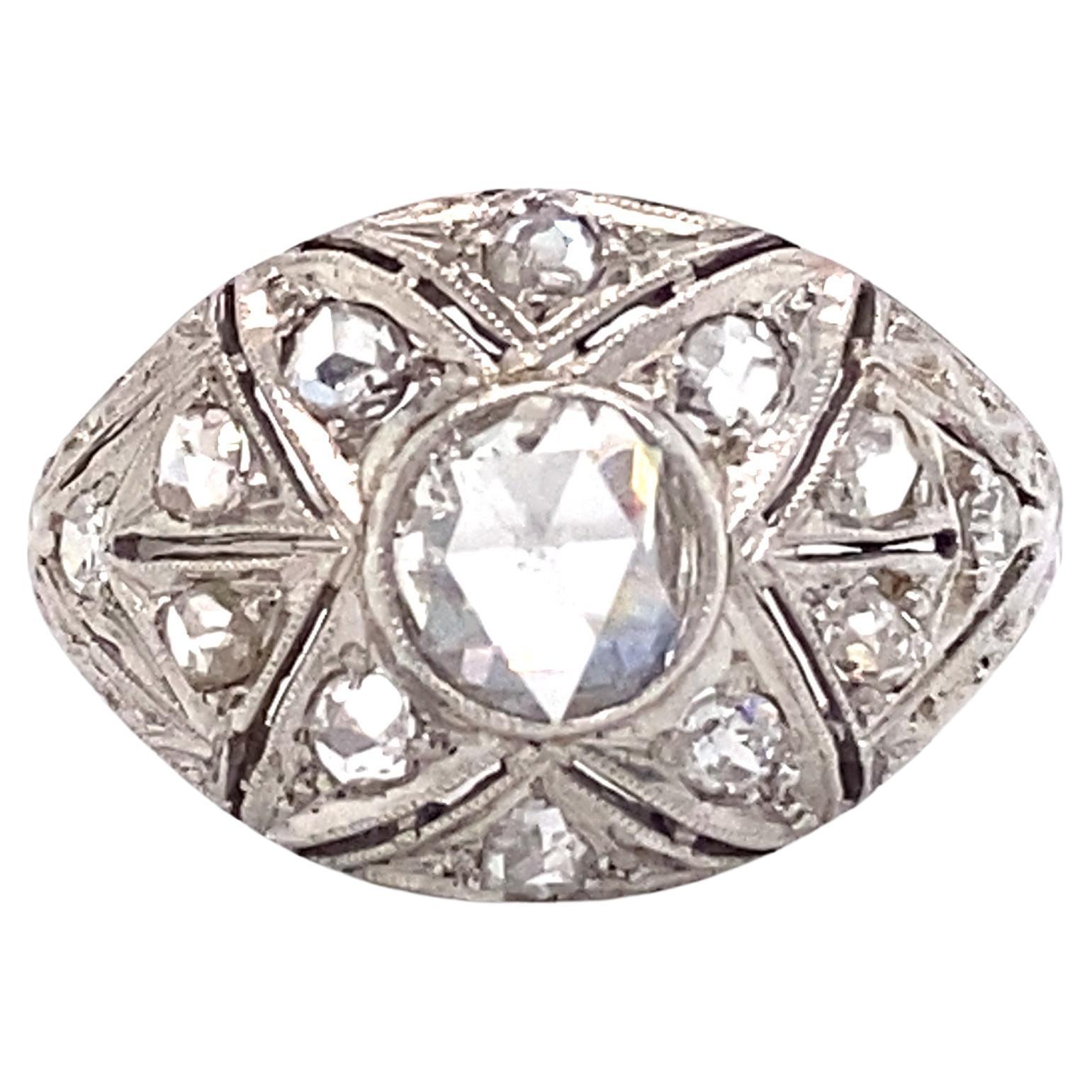 Circa 1890s Victorian Rose Cut Diamond Ring in Platinum and 14K White Gold For Sale