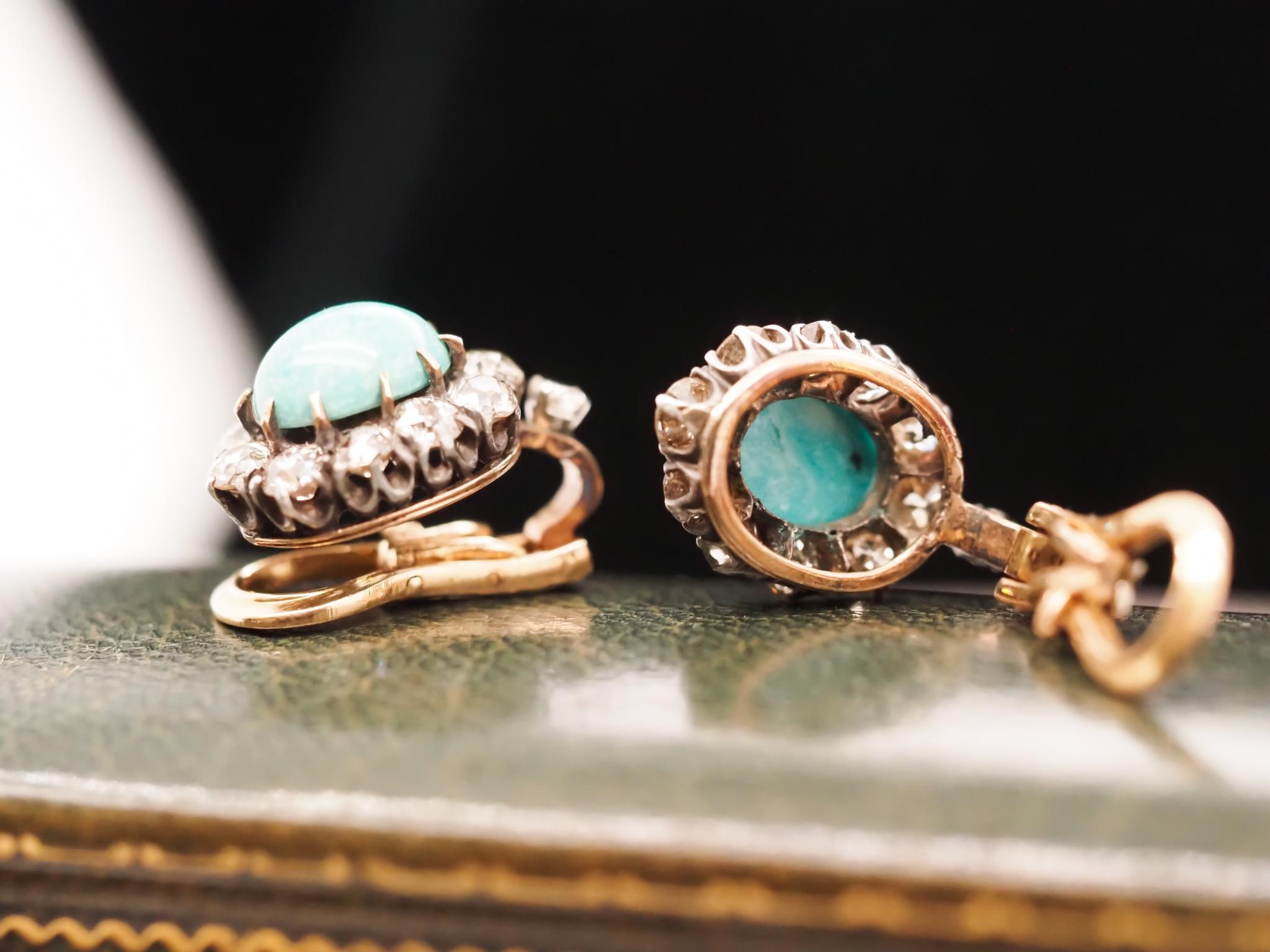 Year: 1890s
Item Details:
Metal Type: 14K Yellow Gold [Hallmarked, and Tested]
Weight: 10.0 grams
Diamond Details:
Weight: 3.25ct, total weight.
Cut: Old Mine brilliant
Color: J-K
Clarity: SI/I
Turquoise Details:
Each turquoise measures 10mm x
