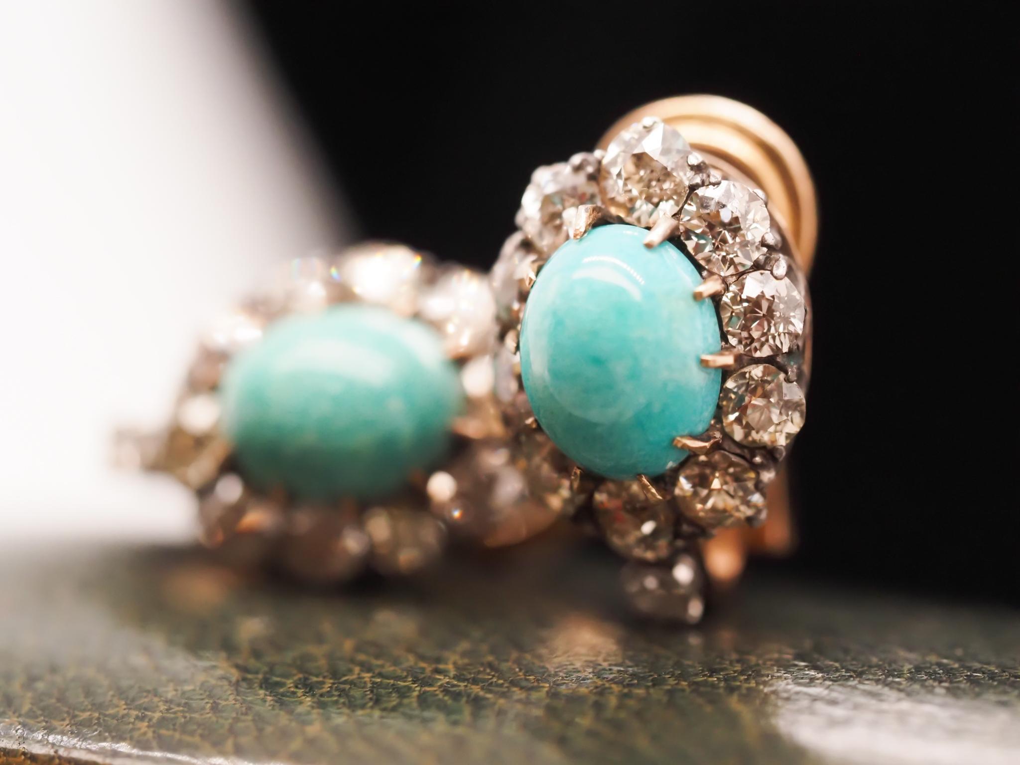 Circa 1890s Victorian Turquoise and Old Mine Diamond Earrings In Good Condition For Sale In Atlanta, GA