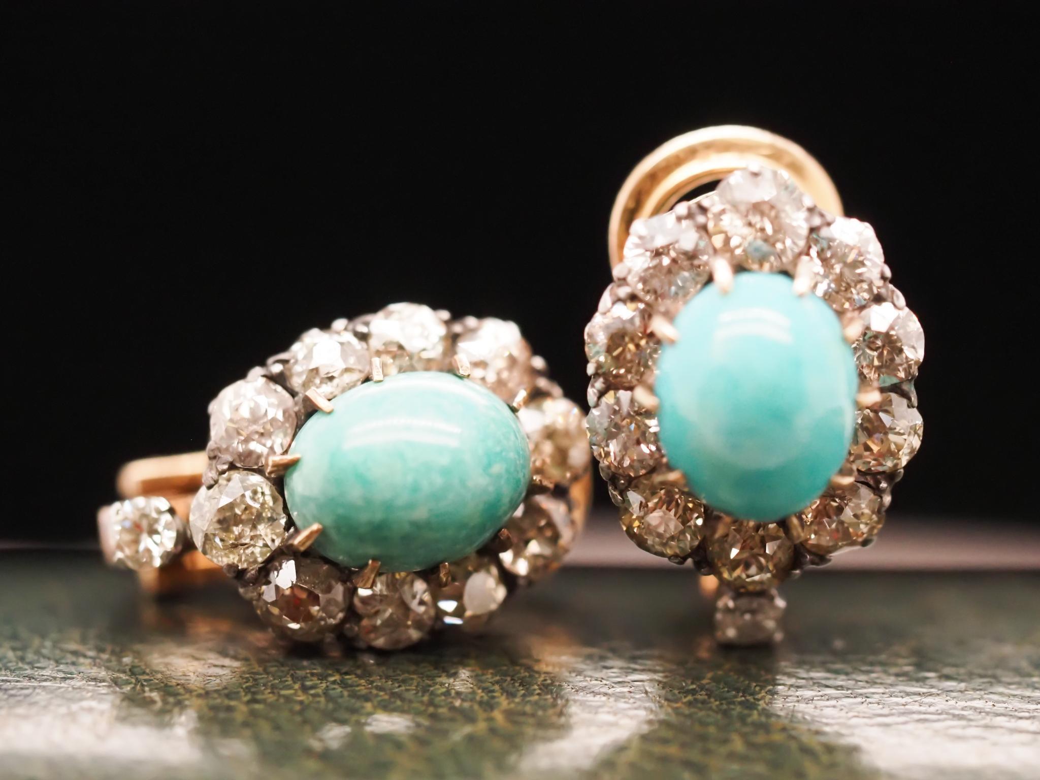 Circa 1890s Victorian Turquoise and Old Mine Diamond Earrings For Sale 1