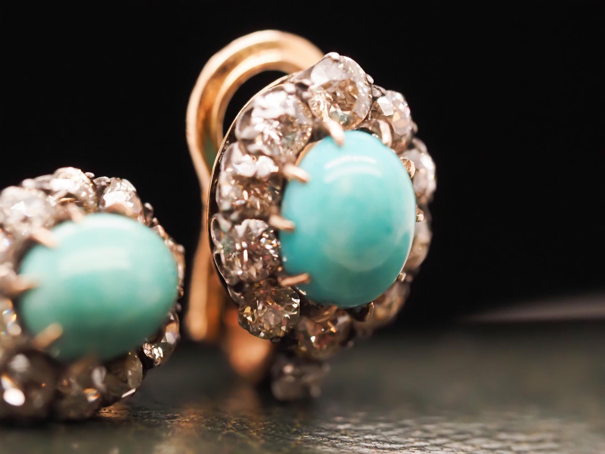 Circa 1890s Victorian Turquoise and Old Mine Diamond Earrings For Sale 2