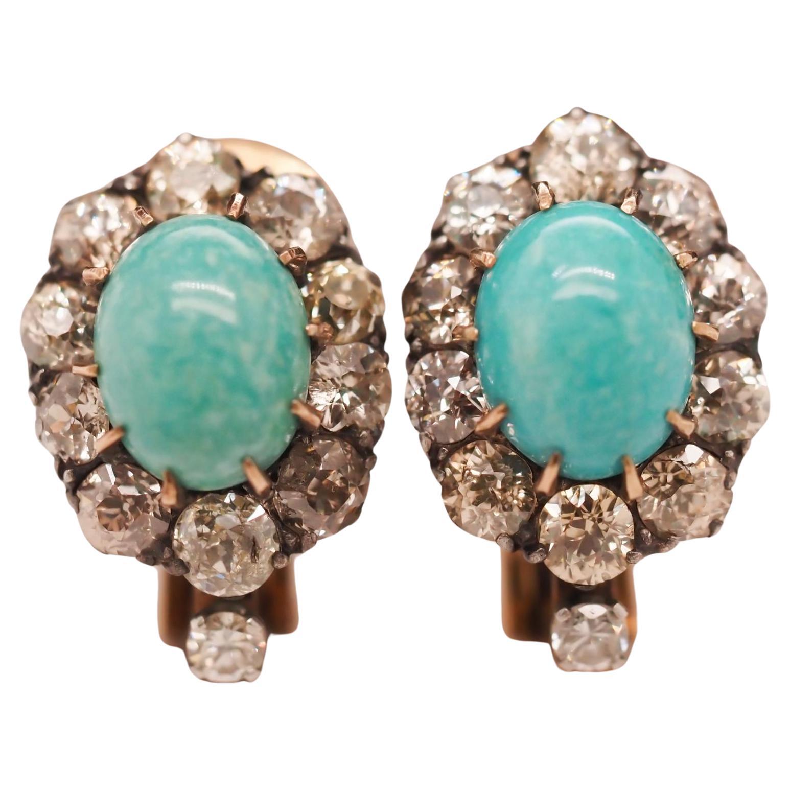 Circa 1890s Victorian Turquoise and Old Mine Diamond Earrings For Sale