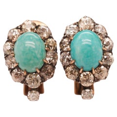 Antique Circa 1890s Victorian Turquoise and Old Mine Diamond Earrings