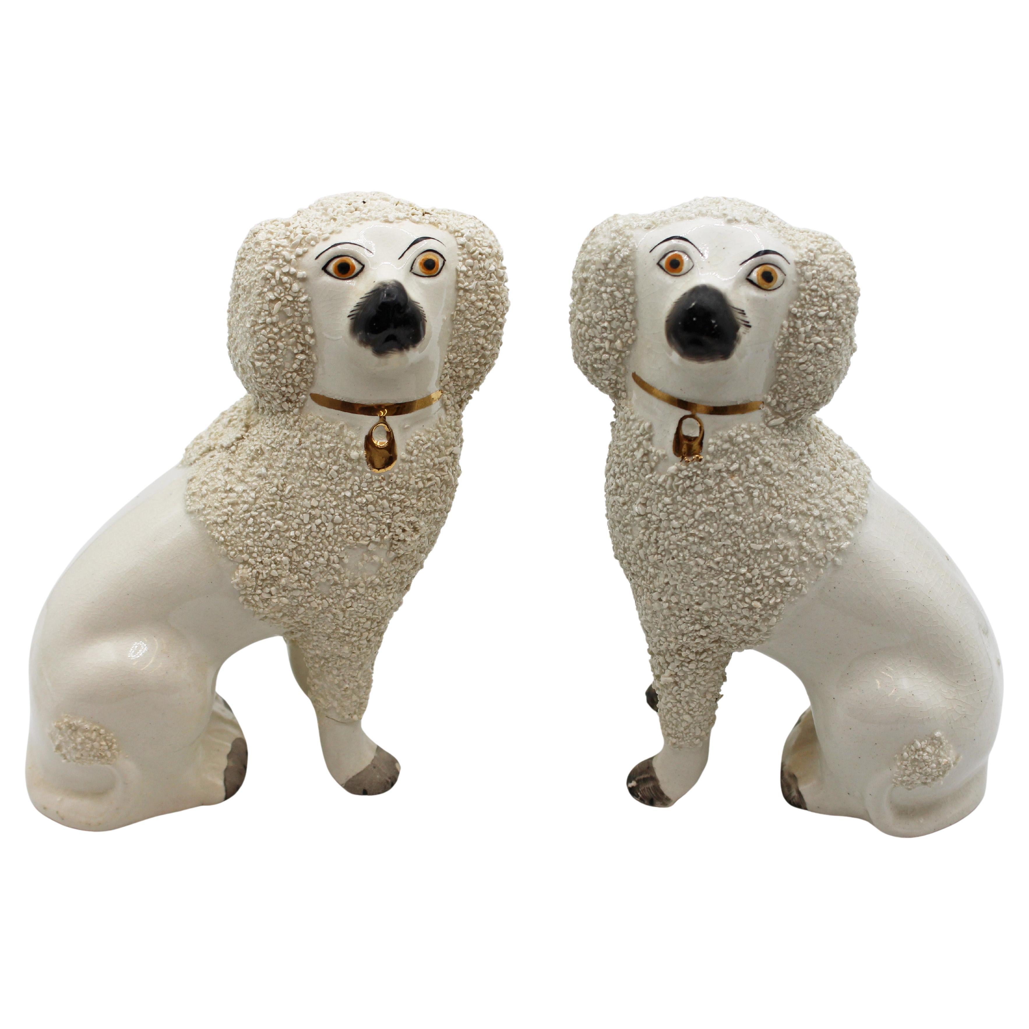 Circa 1891-1911 English Pair of Staffordshire Ceramic Poodle Dogs For Sale