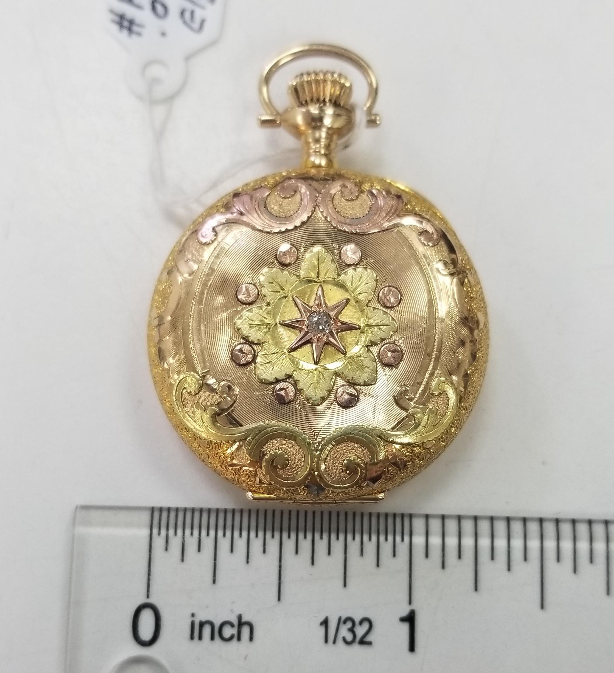 Belle montre de poche Elgin ancienne datant d'environ 1891 avec boîtier en or massif 14 carats et cadran blanc en vente 1