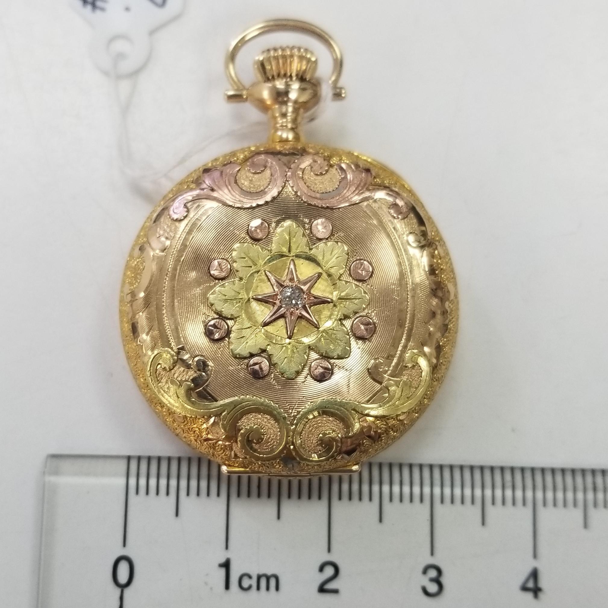 Belle montre de poche Elgin ancienne datant d'environ 1891 avec boîtier en or massif 14 carats et cadran blanc en vente 2