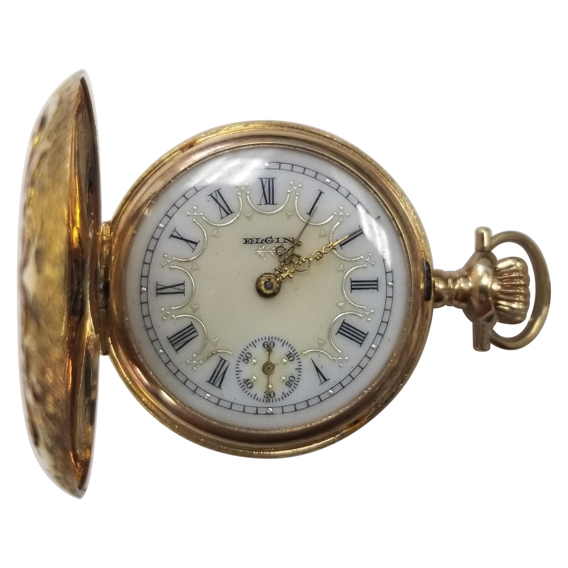 Belle montre de poche Elgin ancienne datant d'environ 1891 avec boîtier en or massif 14 carats et cadran blanc