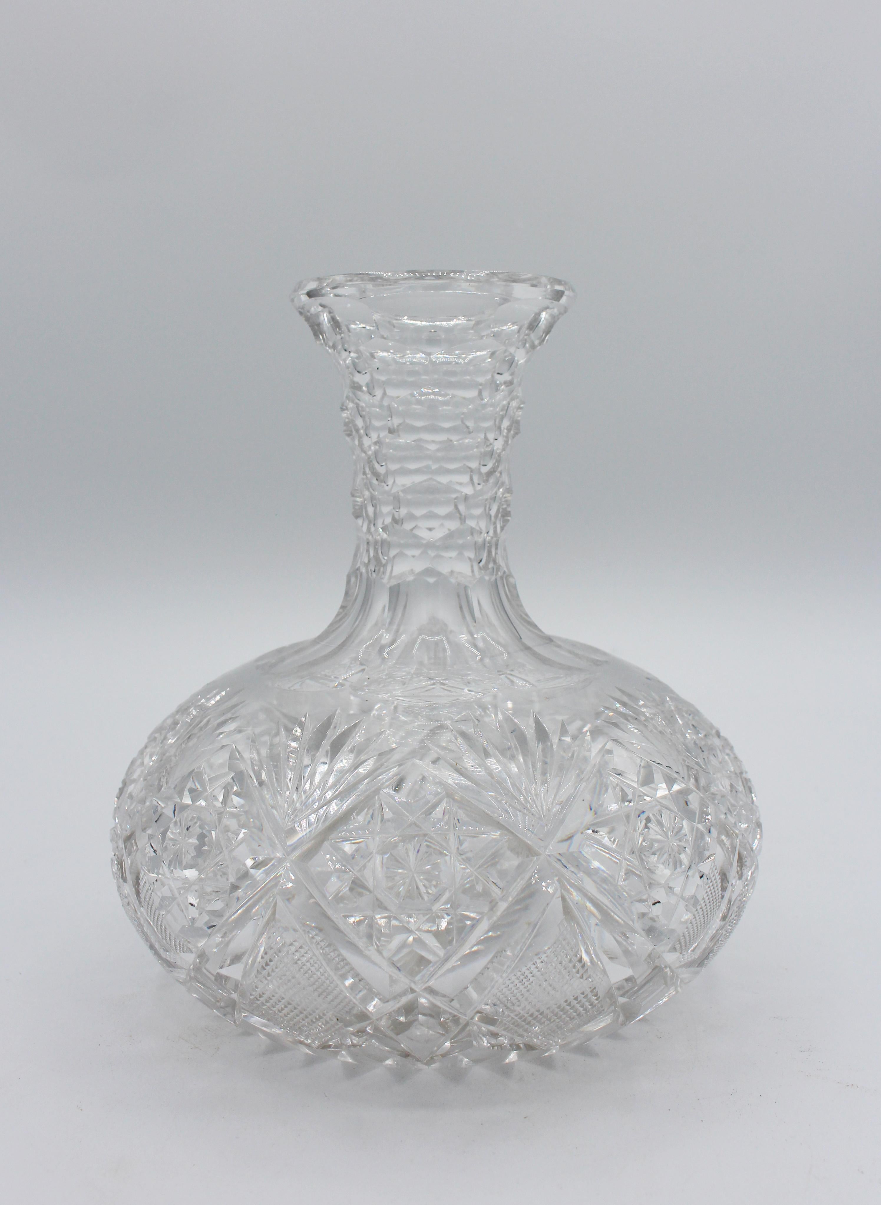 Circa 1895 American brilliant cut glass carafe with honeycomb cut neck. Fine work. 6 3/4