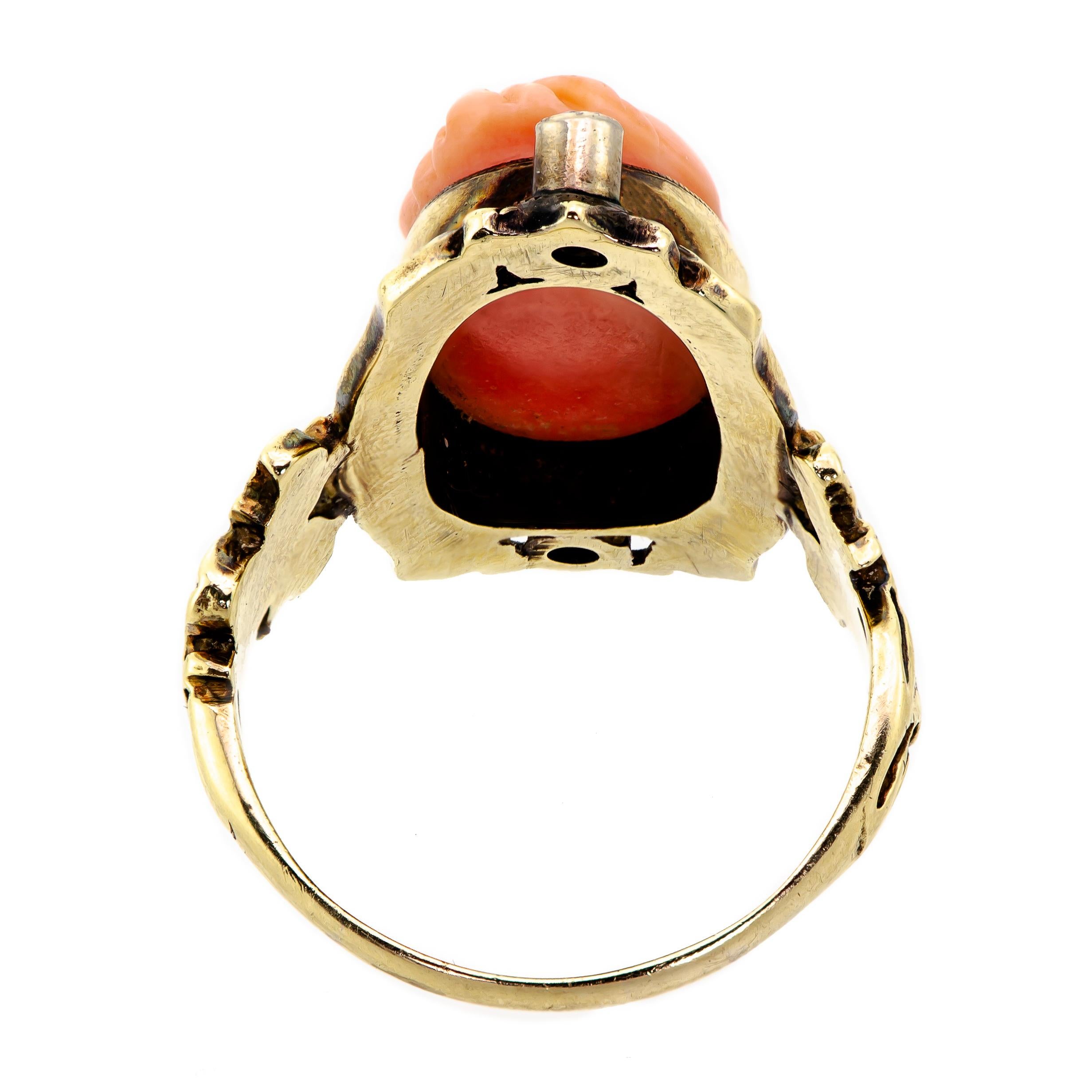 Old European Cut Circa 1895 Late Victorian Coral Cameo and Diamond Ring