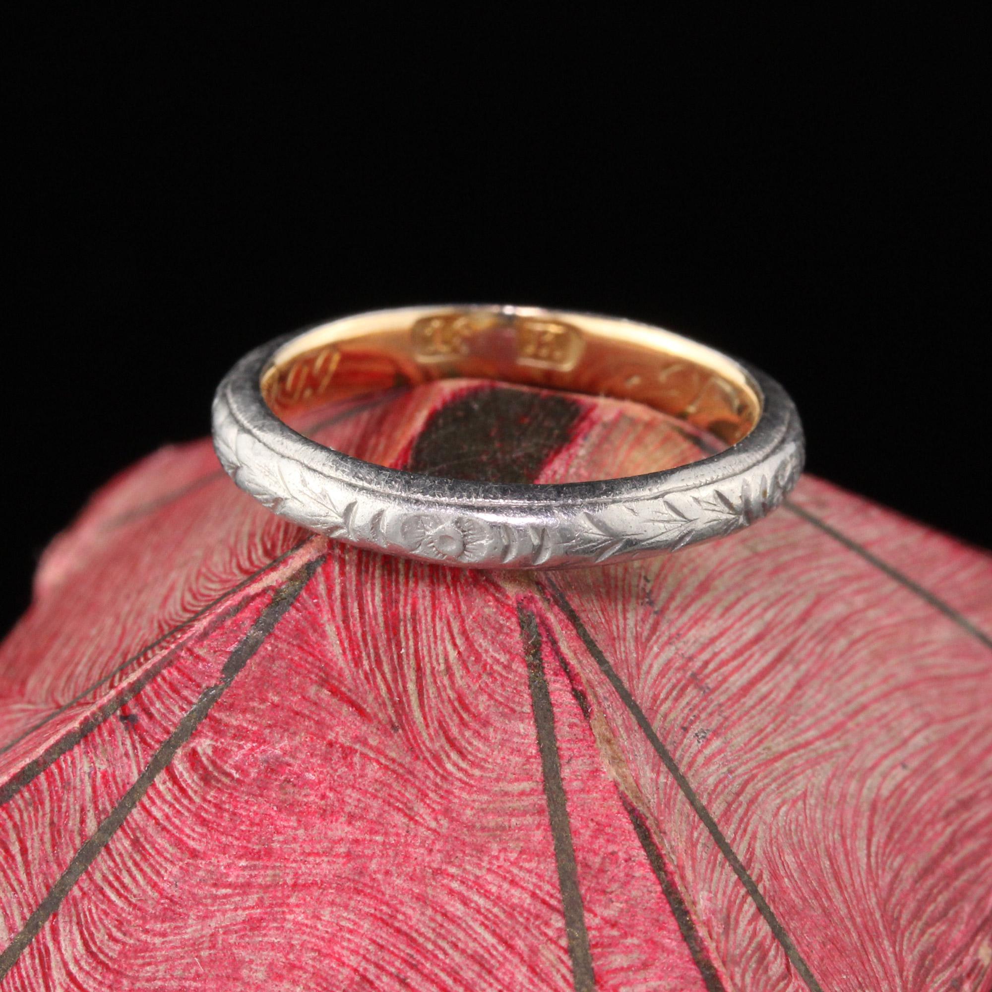 Beautiful Victorian platinum band with gorgeous engravings all the way around.

#R0382

Metal: Platinum & 18K Yellow Gold

Weight: 3.5 Grams

Ring Size: 5 1/4

*Unfortunately this ring cannot be sized.

Measurements: 2.9 mm wide

Measurement from