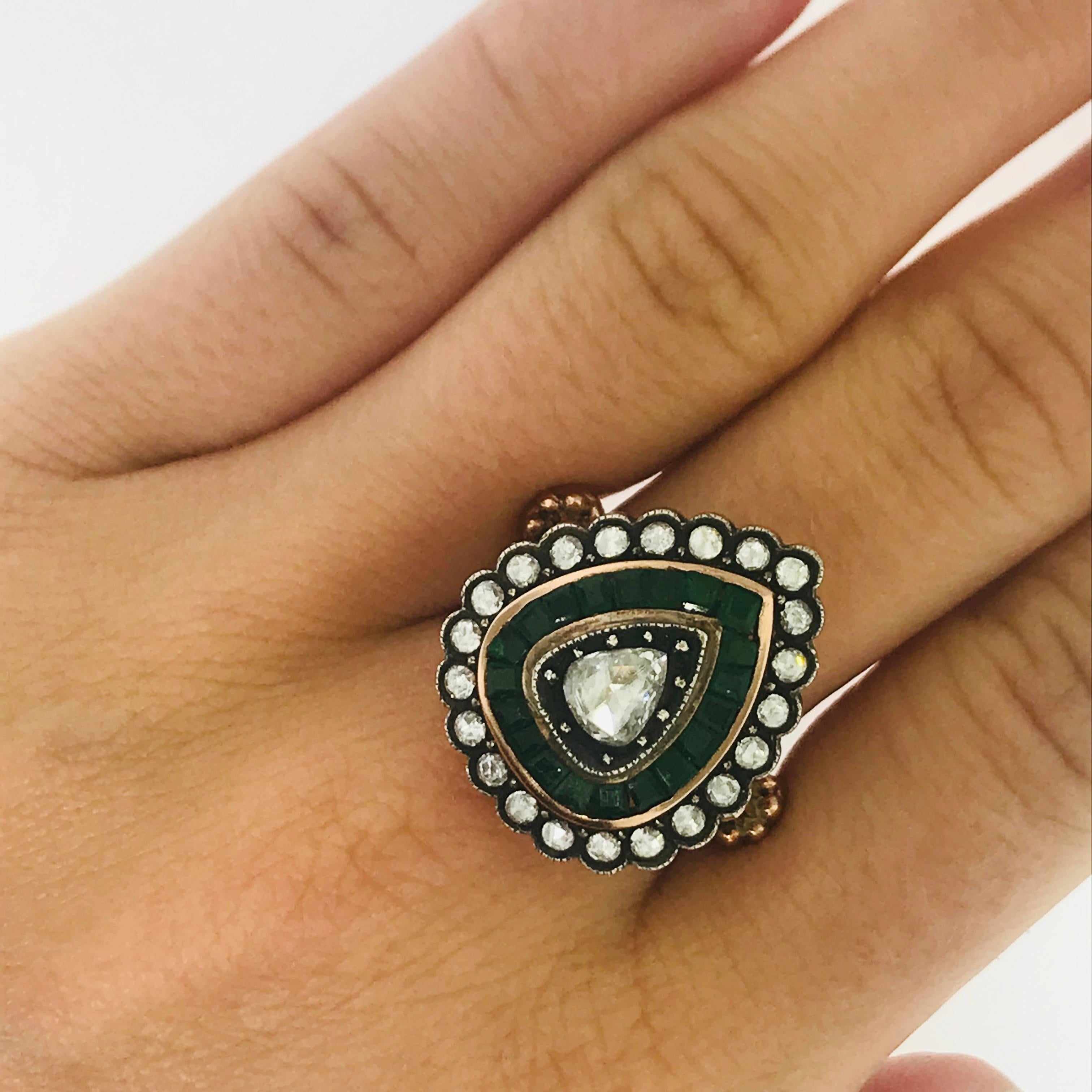 CIRCA 18th Century Diamond and Emerald Estate Ring-in stock, one-of-a-kind!
This is a very special piece that is one of a kind, ahead of its time, CIRCA 18th century and it's in immaculate condition! If you're a collector of unique estate pieces we
