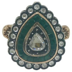 1 Carat Diamond and 1 Carat Emerald Estate Pear Shaped Ring, circa 18th Century