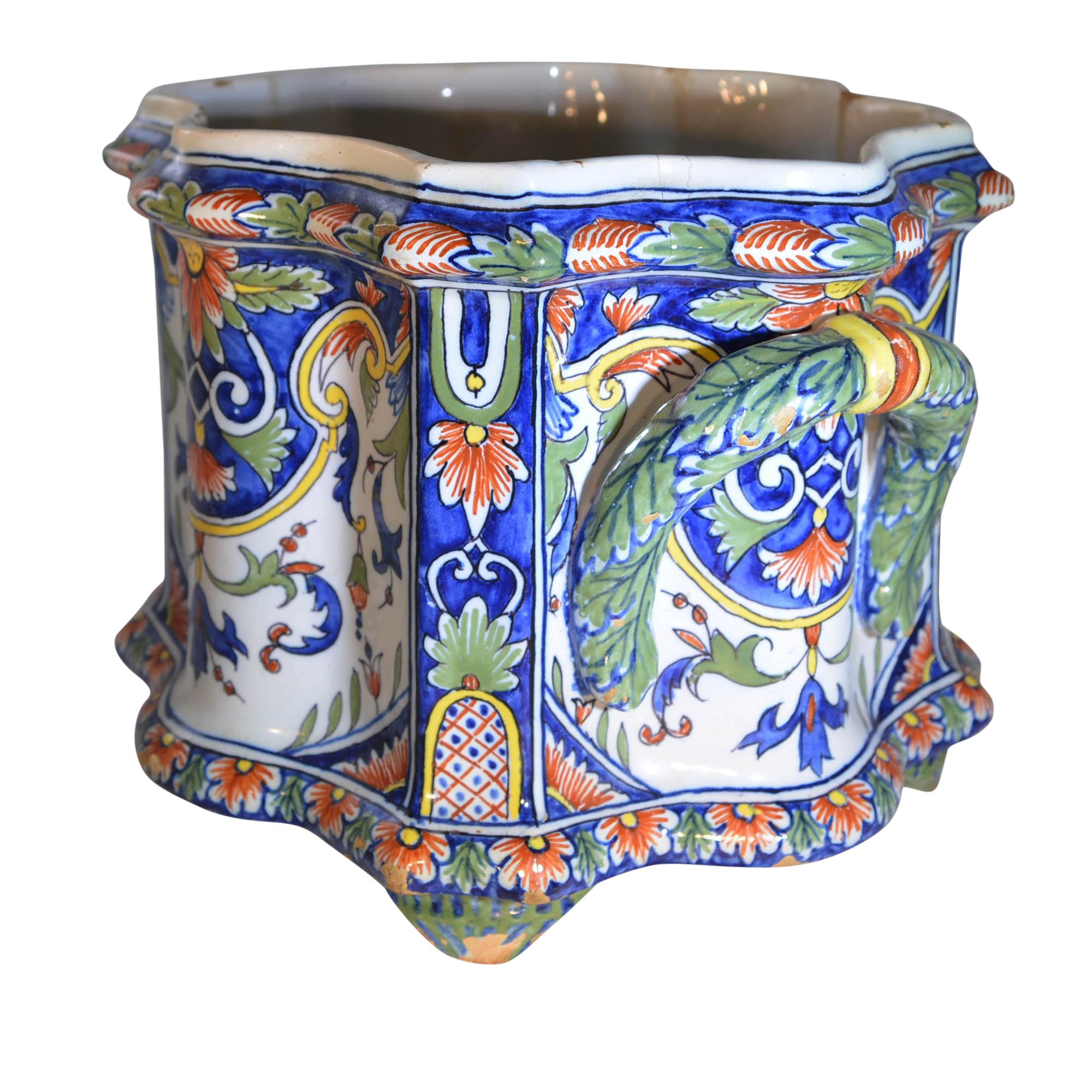 Hand-Painted French Hand Painted Nevers Faience Cachepot Jardinière, circa 18th Century For Sale
