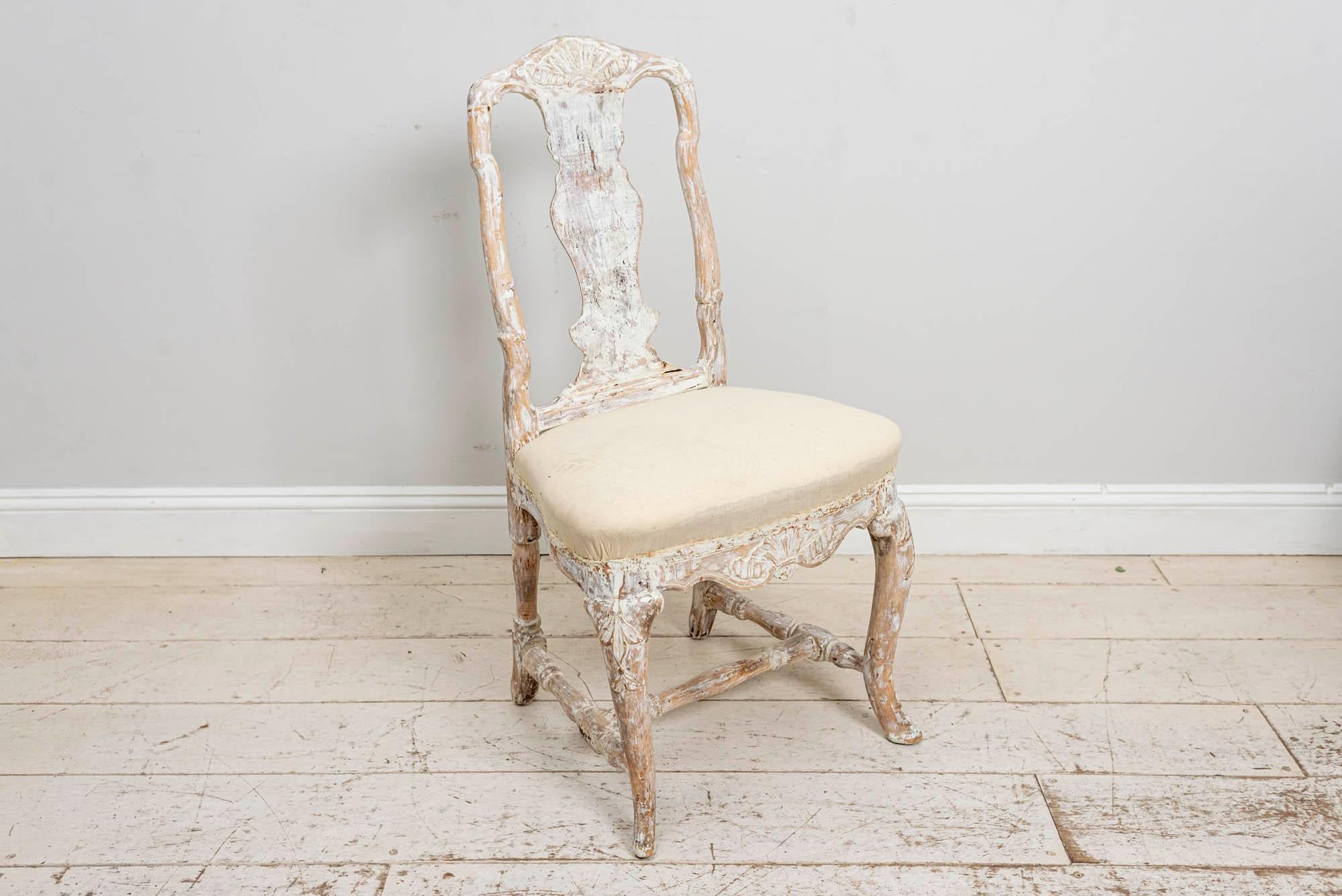 Gustavian Swedish Rococo Original Painted Carved Shell Detailed Chair, circa 18th Century For Sale