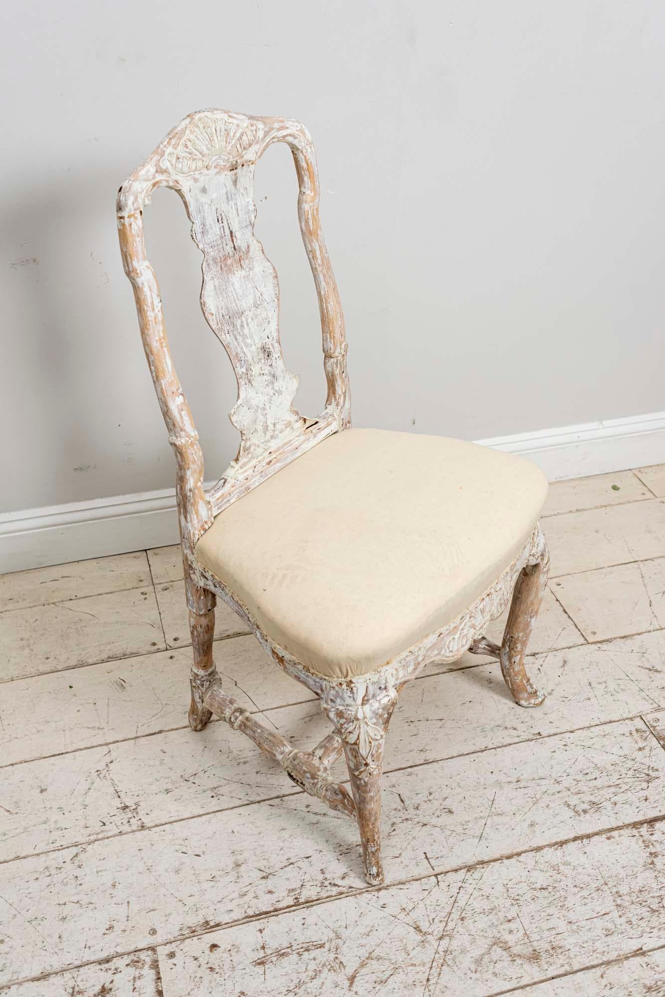 Oak Swedish Rococo Original Painted Carved Shell Detailed Chair, circa 18th Century For Sale