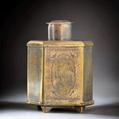 Circa 1900-1930 Chinese Brass Tea Caddy with Engraved Poetry 5.9in