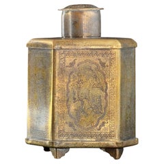 Circa 1900-1930 Chinese Brass Tea Caddy with Engraved Poetry 5.9in
