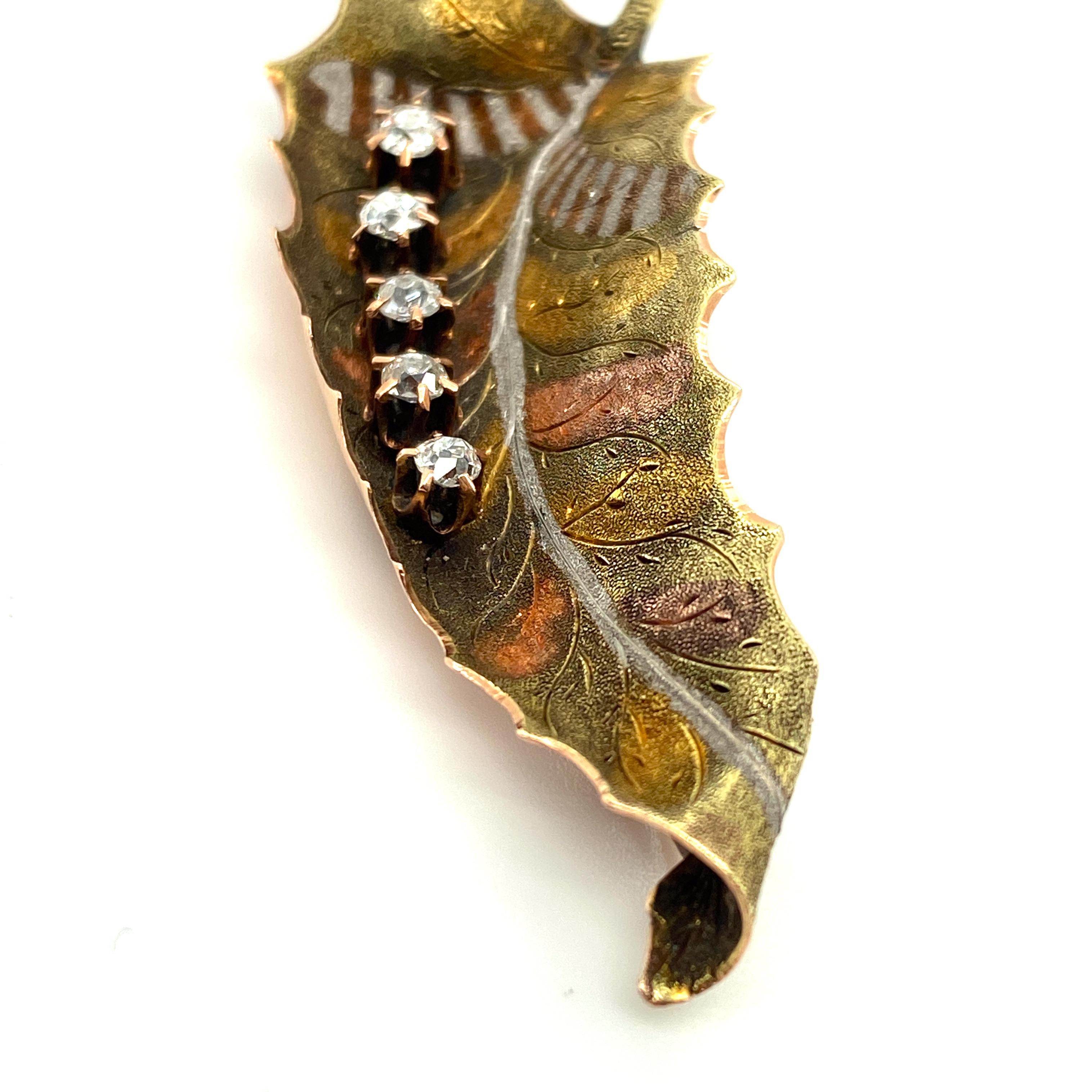 Old Mine Cut American Mixed Metals Multi-Toned Gold and Diamond Leaf Pin, circa 1900 For Sale