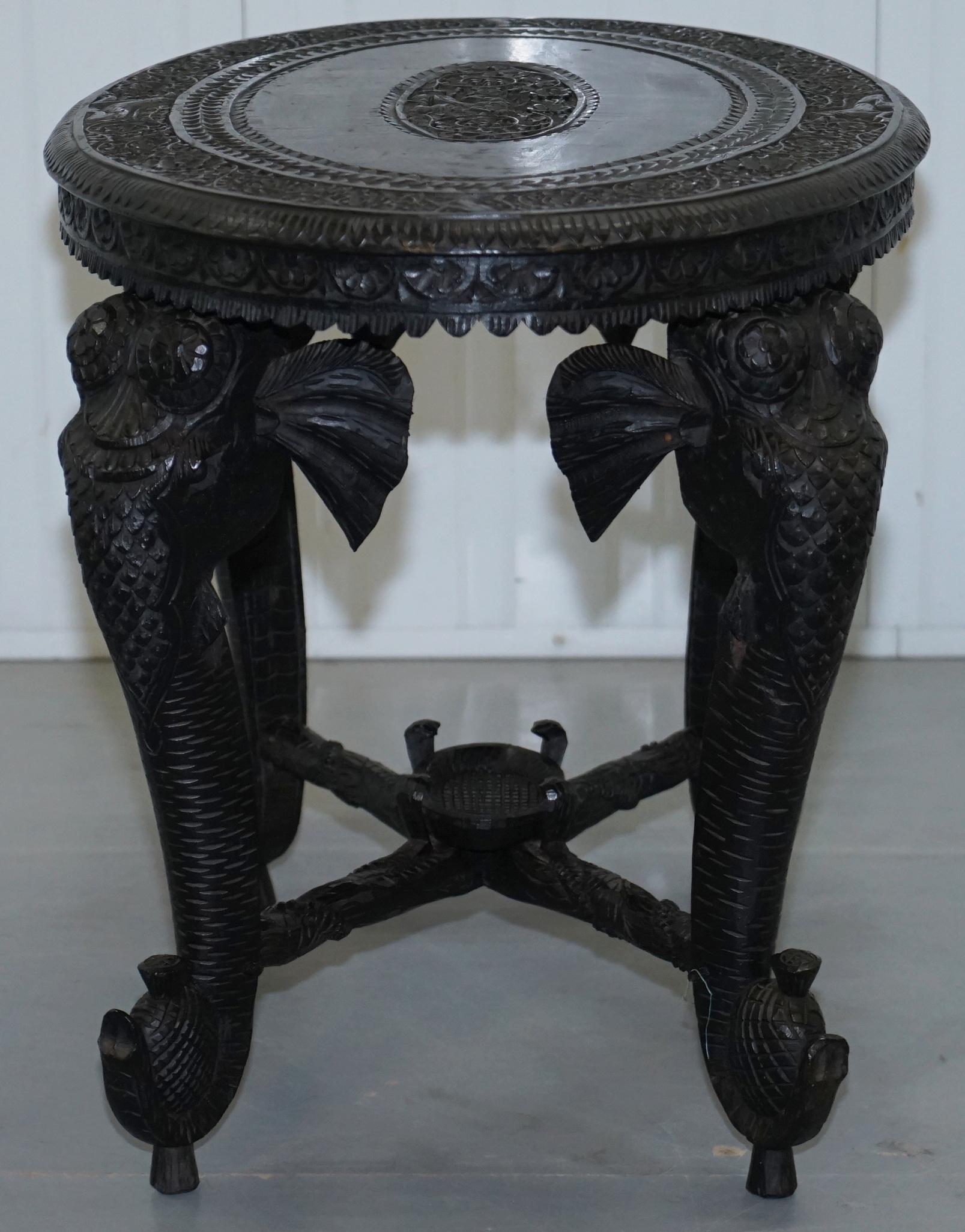 Anglo Indian Elephant & Buddha Hand Carved Rosewood Coffee Side Table circa 1900 11