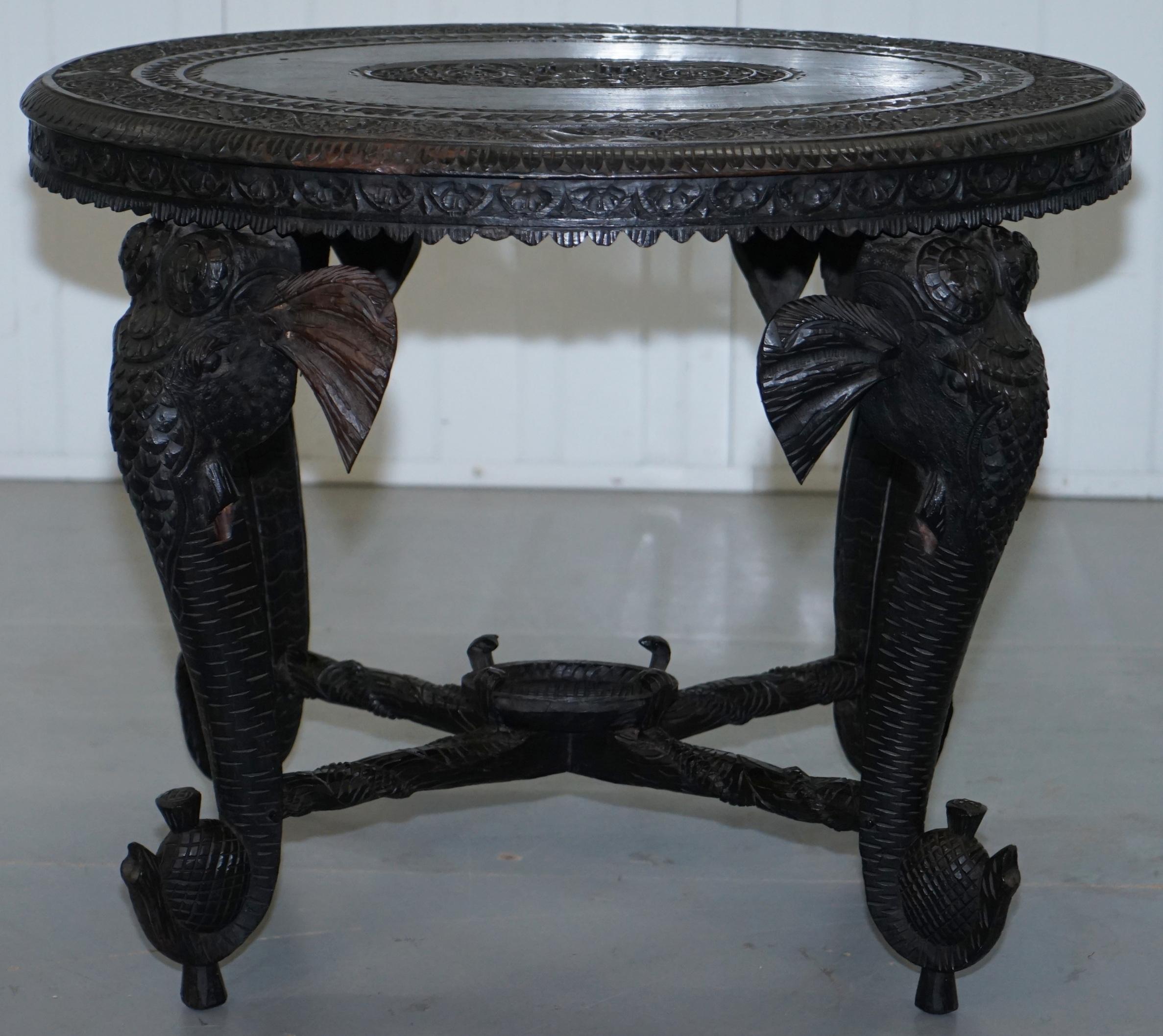 Anglo Indian Elephant & Buddha Hand Carved Rosewood Coffee Side Table circa 1900 1