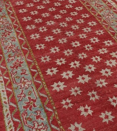 Antique Hand-Woven Oushak Runner, Wool, Brick-Red & Ice-Blue, 1900