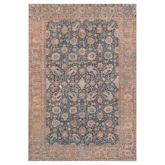 Antique Tabriz Wool Rug, Hand-Knotted, Indigo-Blue Field, Circa 1900