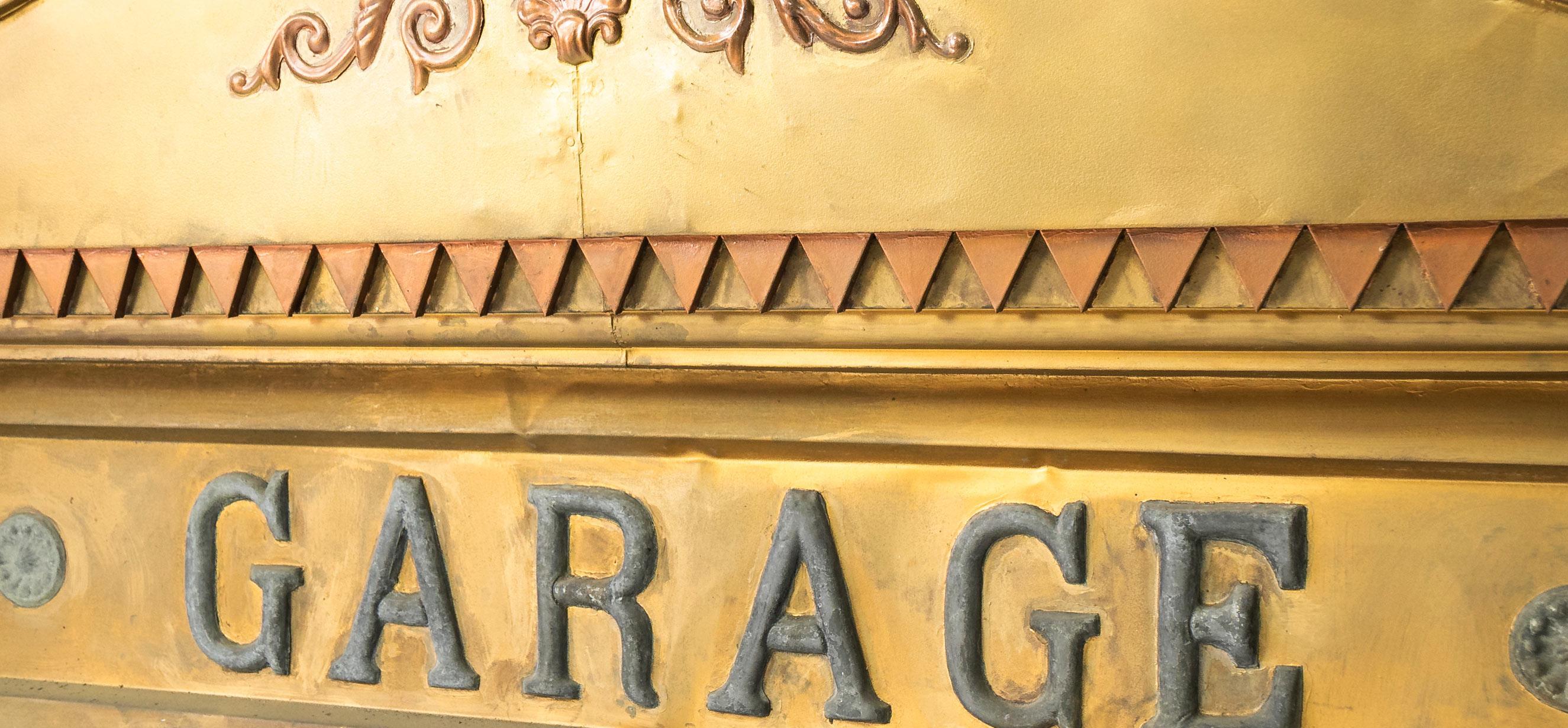 Circa 1900 Architectural Roman Revival Tin Livery Garage Pediment In Good Condition For Sale In Dekalb, IL