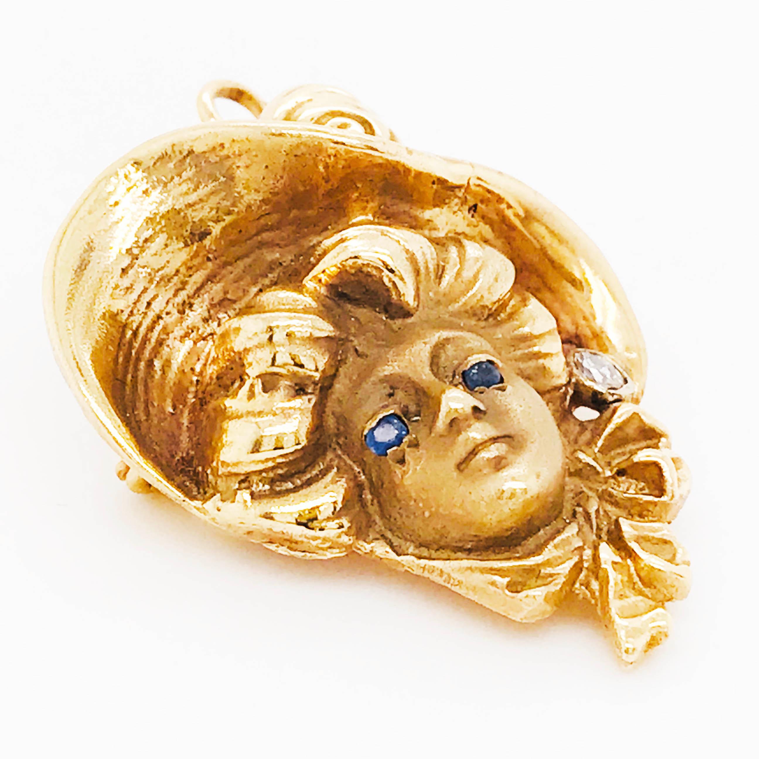 Oval Cut Woman Diamond Brooch, Art Nouveau, Blue Sapphire, 14K Yellow Gold, circa 1900