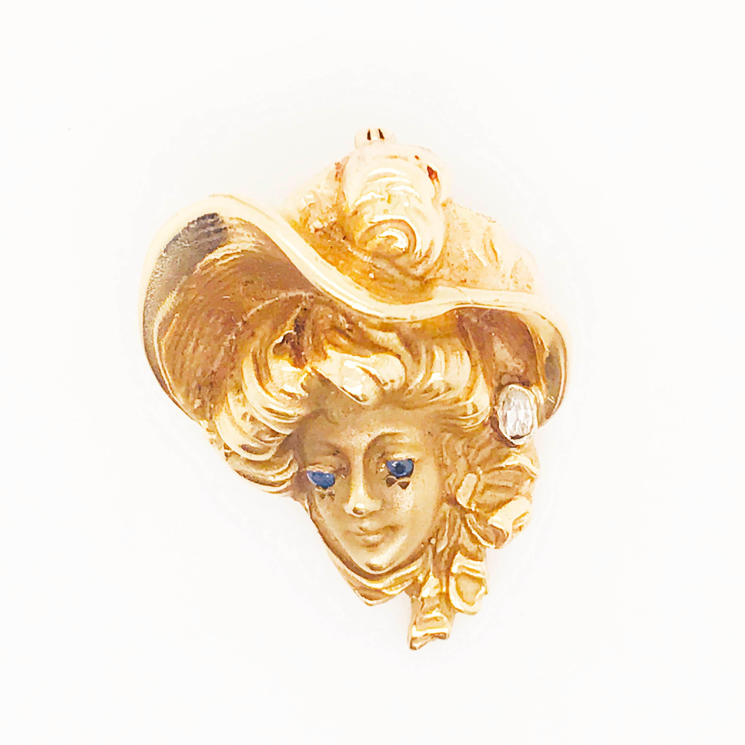 Woman Diamond Brooch, Art Nouveau, Blue Sapphire, 14K Yellow Gold, circa 1900 2