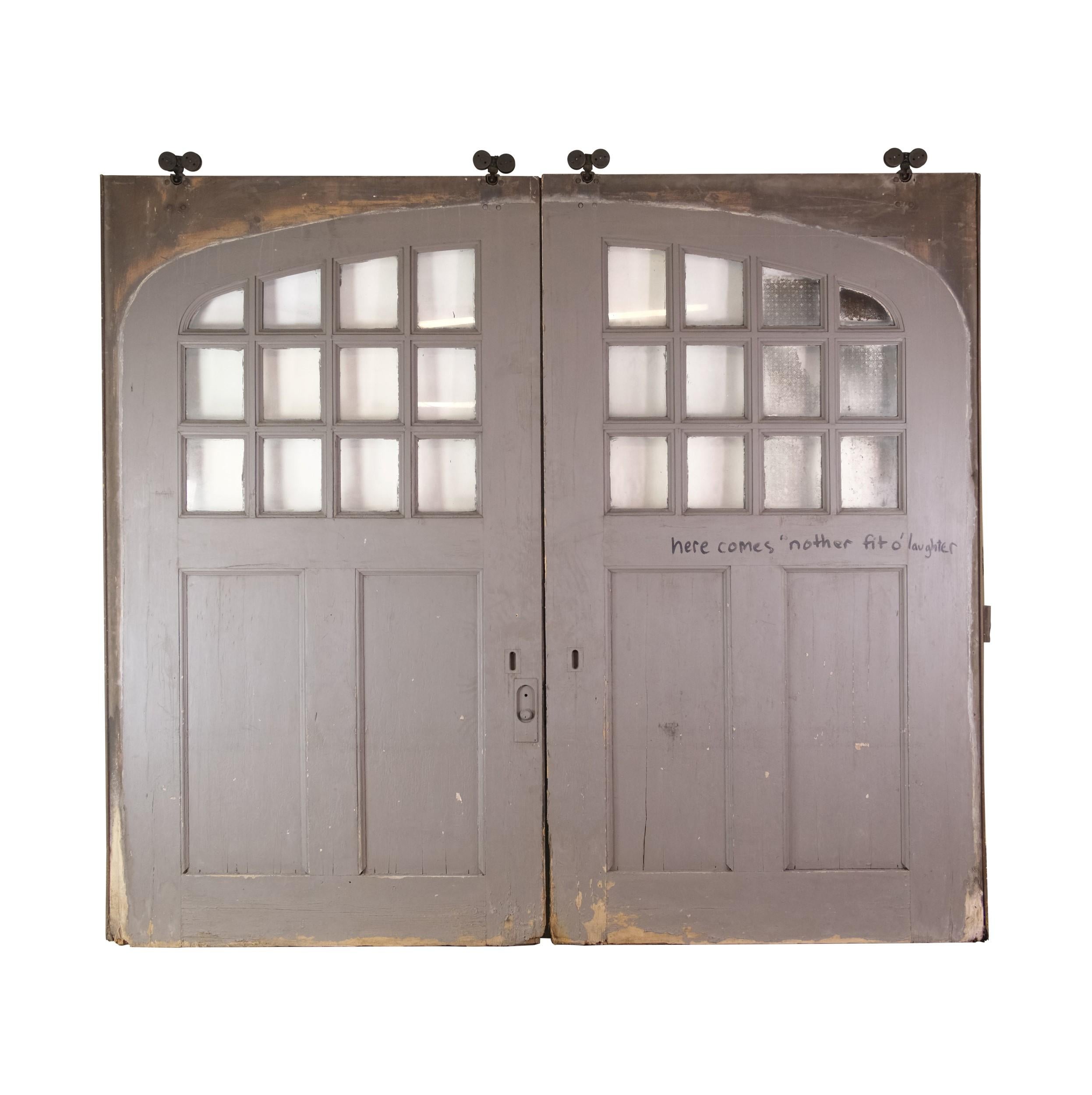 Circa 1900 Arts & Crafts Oak Double Sliding Garage Doors W/ 12 Lites on Top Half 2
