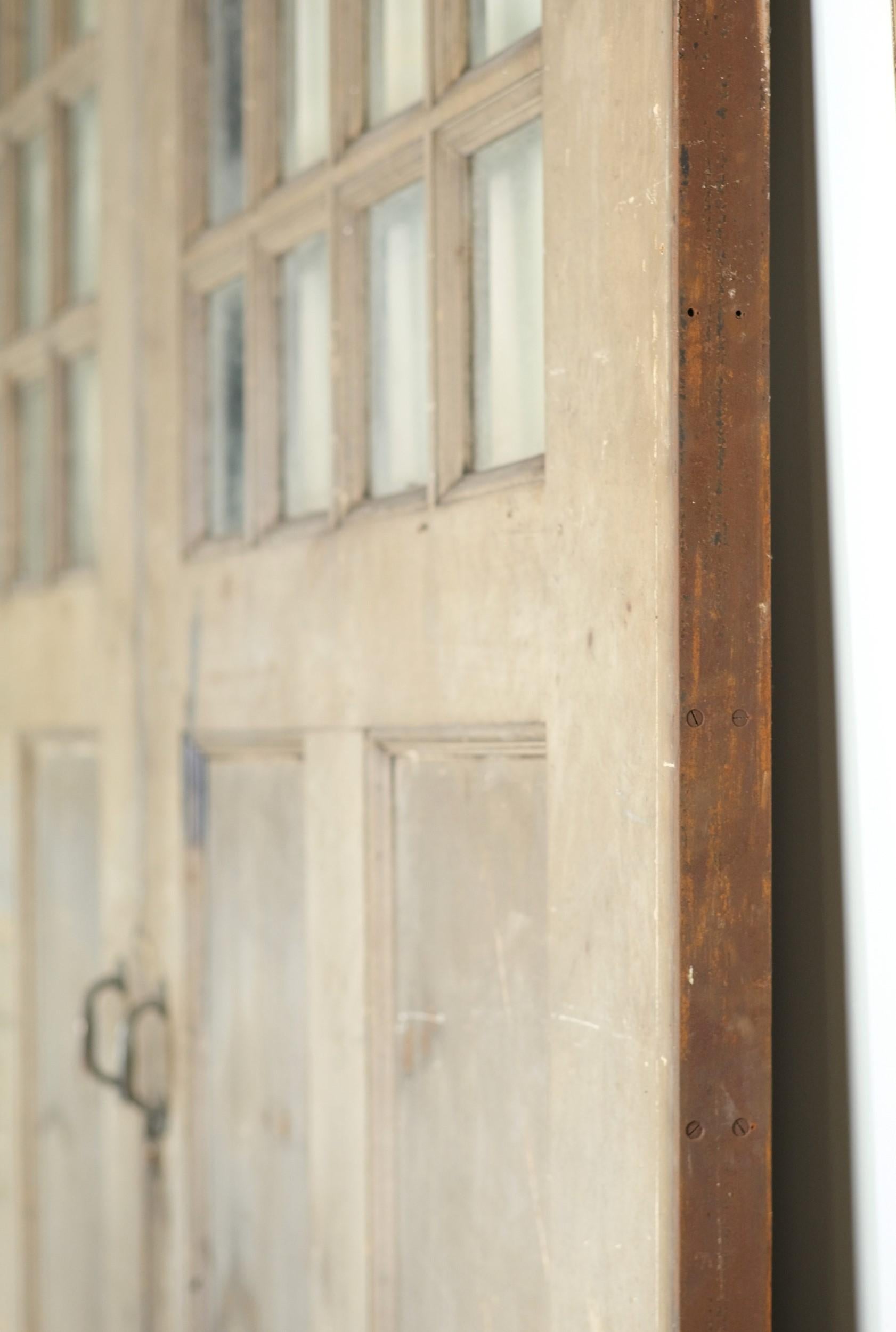 American Circa 1900 Arts & Crafts Oak Double Sliding Garage Doors W/ 12 Lites on Top Half