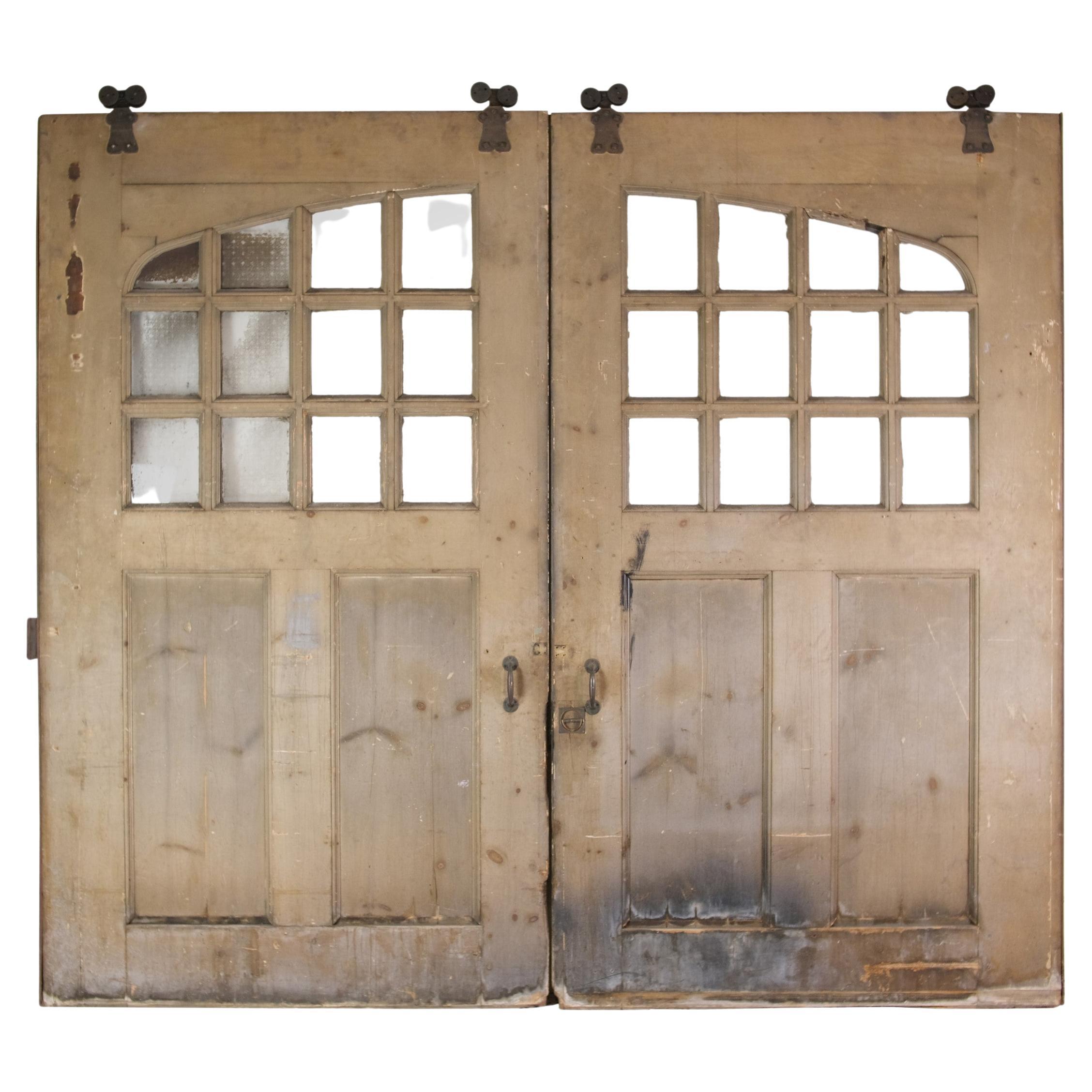 Circa 1900 Arts & Crafts Oak Double Sliding Garage Doors W/ 12 Lites on Top Half