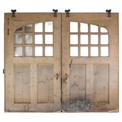 Circa 1900 Arts & Crafts Oak Double Sliding Garage Doors W/ 12 Lites on Top Half