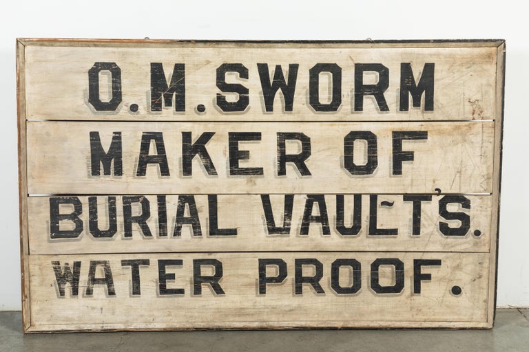 Graphic black, white and gray c. 1900 trade sign. Professional hand letters. Excellent typography. Quirky subject matter. American Gothic! There is reference to CM Sworm cemetery monument maker in the August 25, 1904 issue of the Dixon Evening