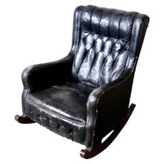 Antique Black Leather Wingback Style Rocking Chair, circa 1900