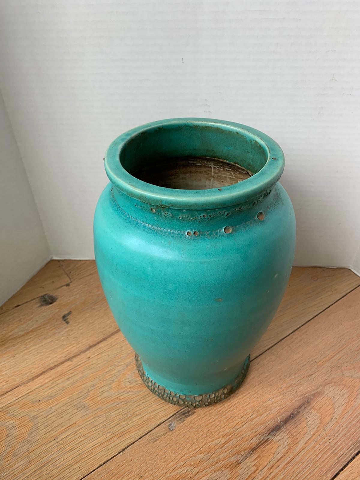 Blue Glazed Pottery Blister Ware Jar, circa 1900 In Good Condition For Sale In Atlanta, GA