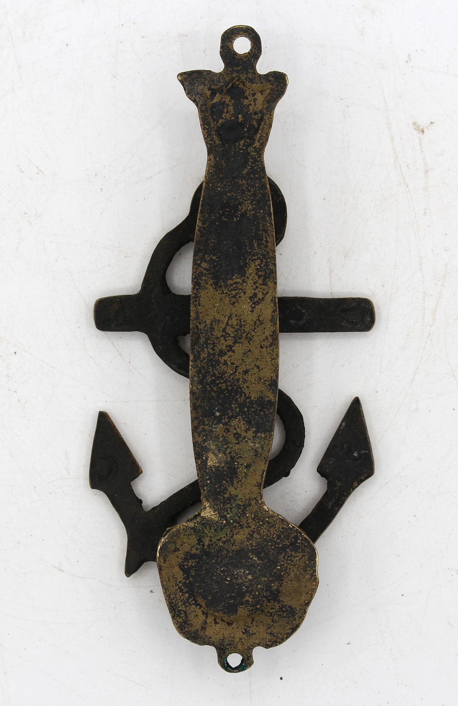 Circa 1900 brass ship's anchor door knocker, English. Marked 
